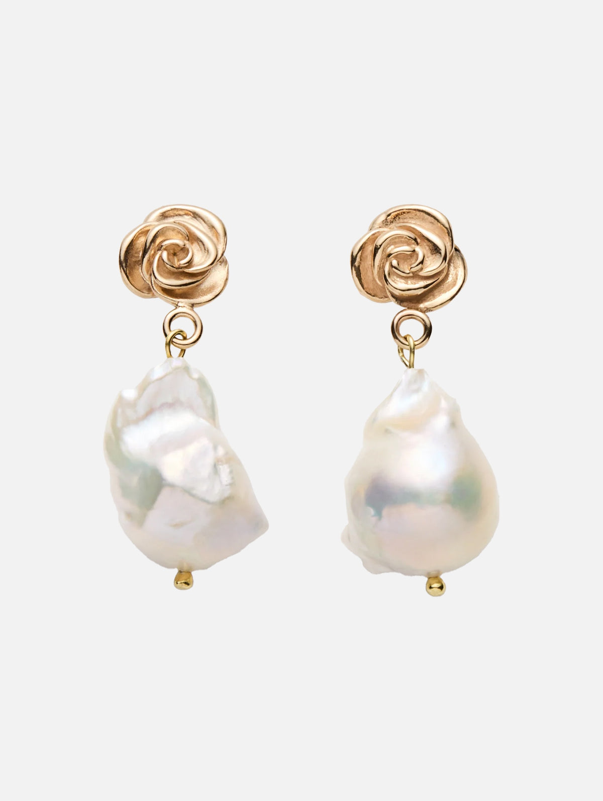 Baroque Pearl Drop Earrings With Rose Stud in Gold
