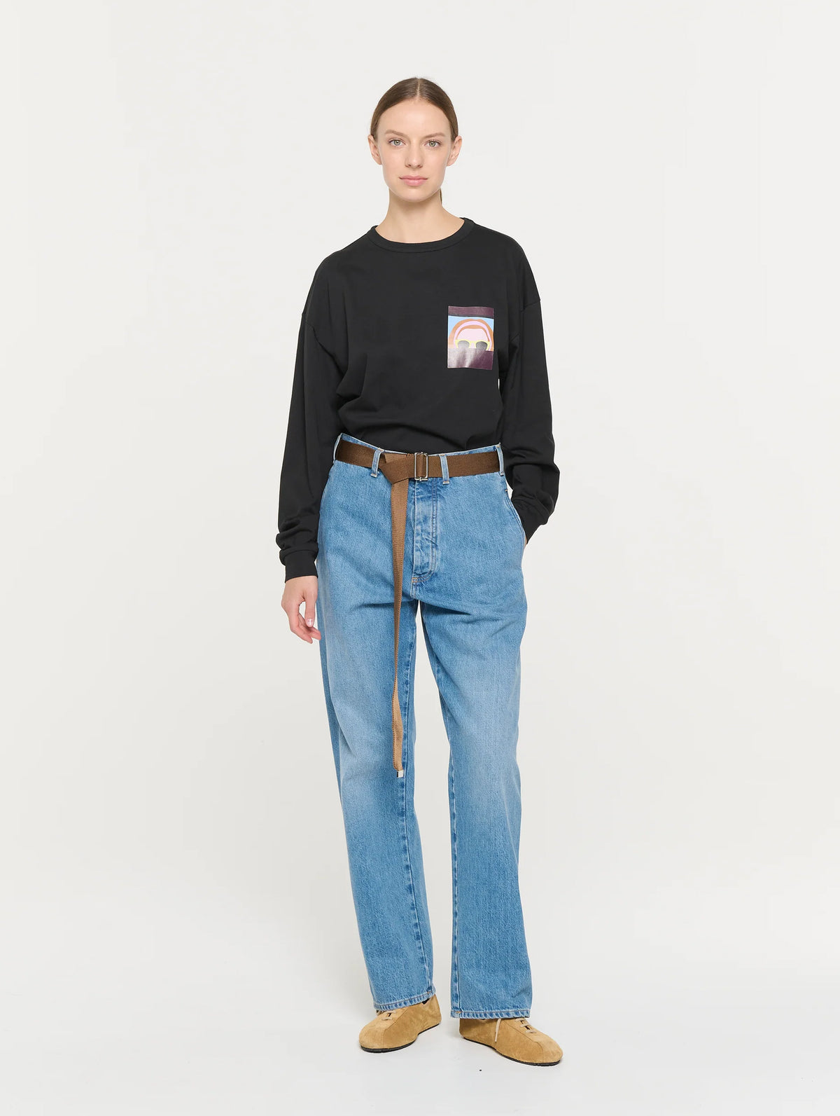 Straight Leg Belted Jeans in Blue Denim