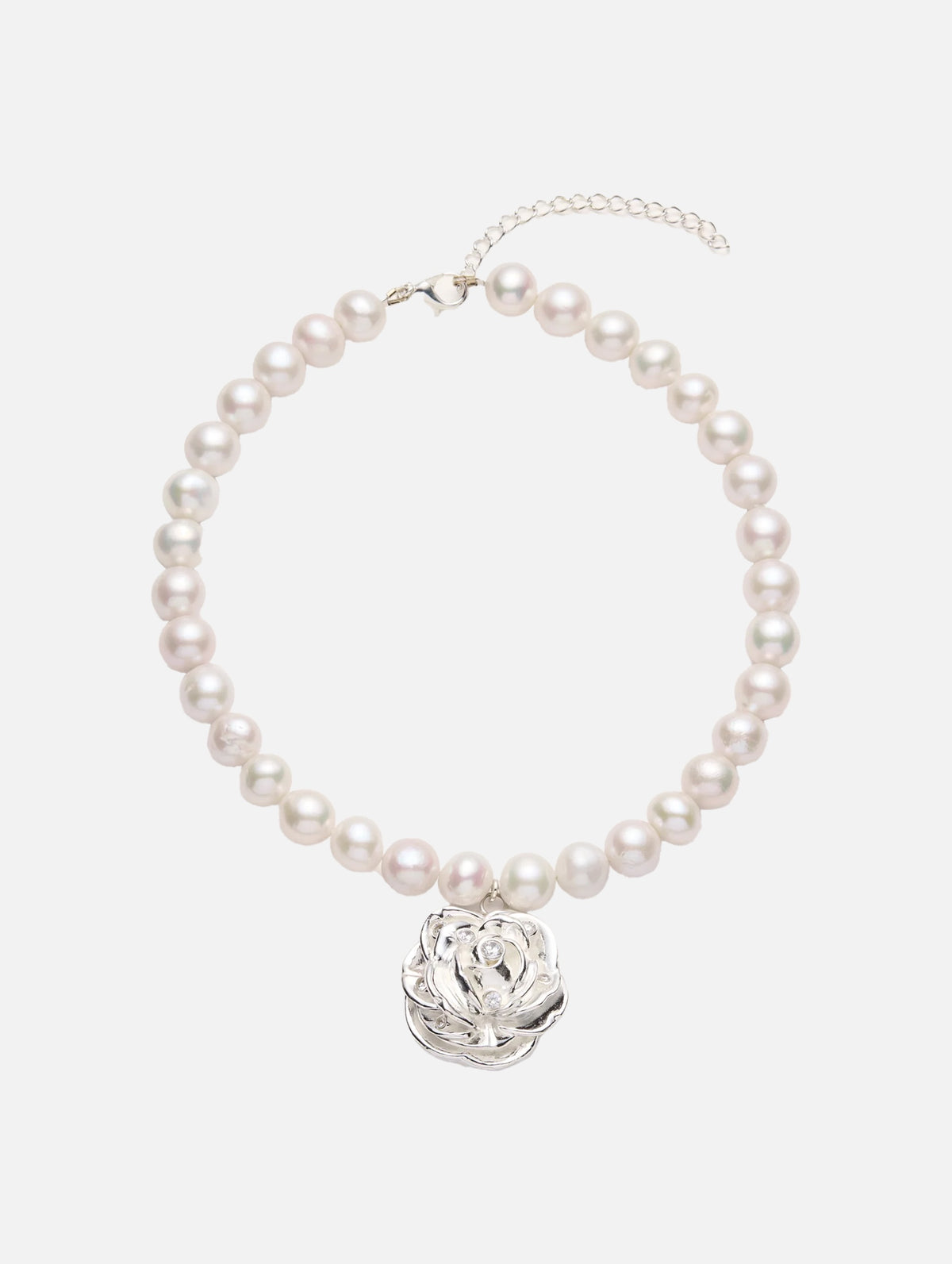Pearl Necklace with Rose Pendant in Silver
