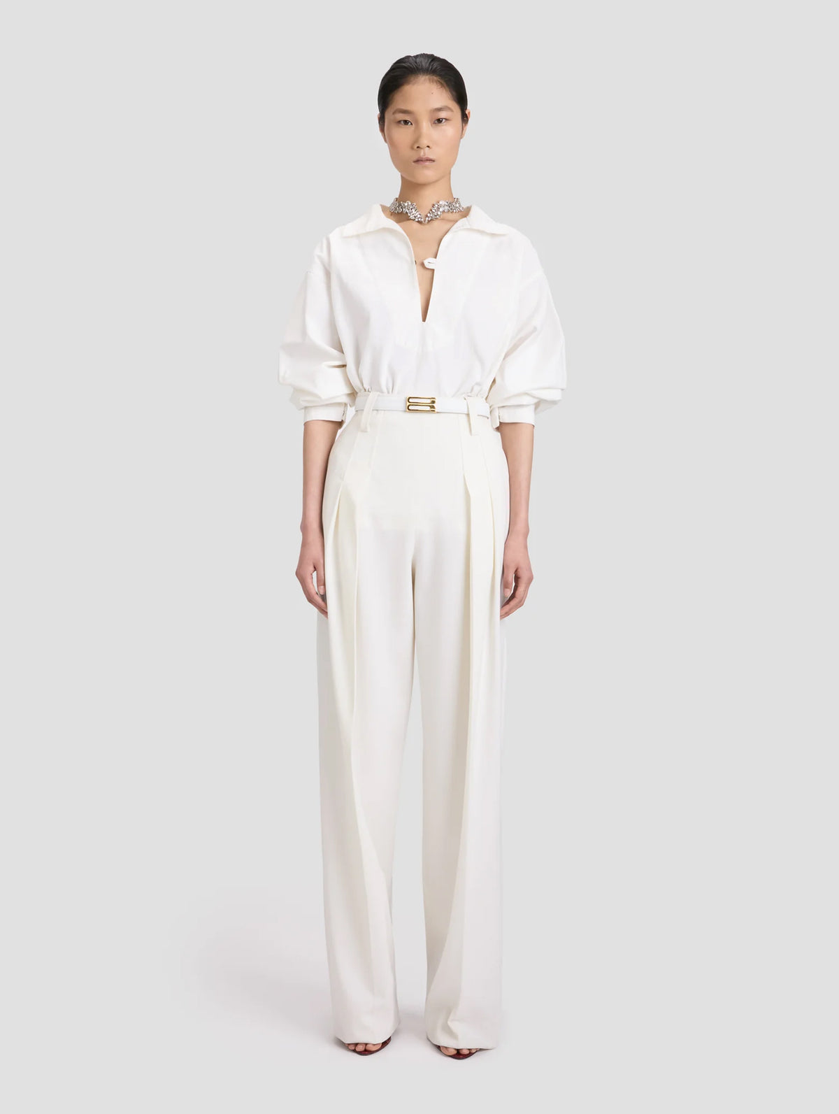 Tab Detail Denim Top in Washed White