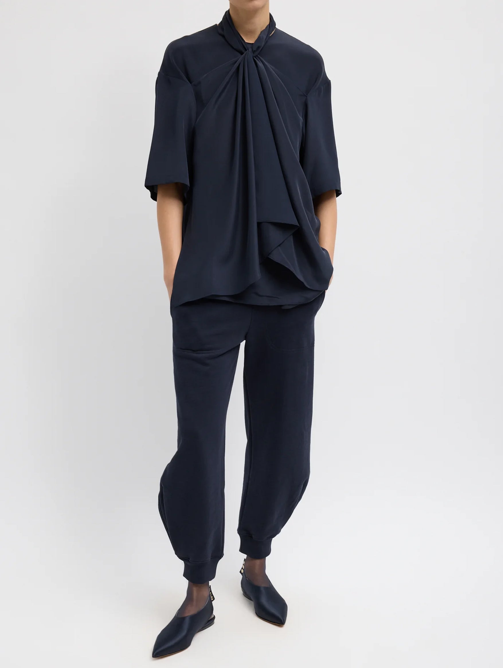 4 Ply Silk Tie Front Top in Navy