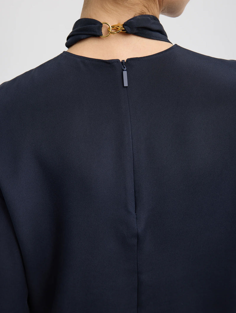 4 Ply Silk Tie Front Top in Navy