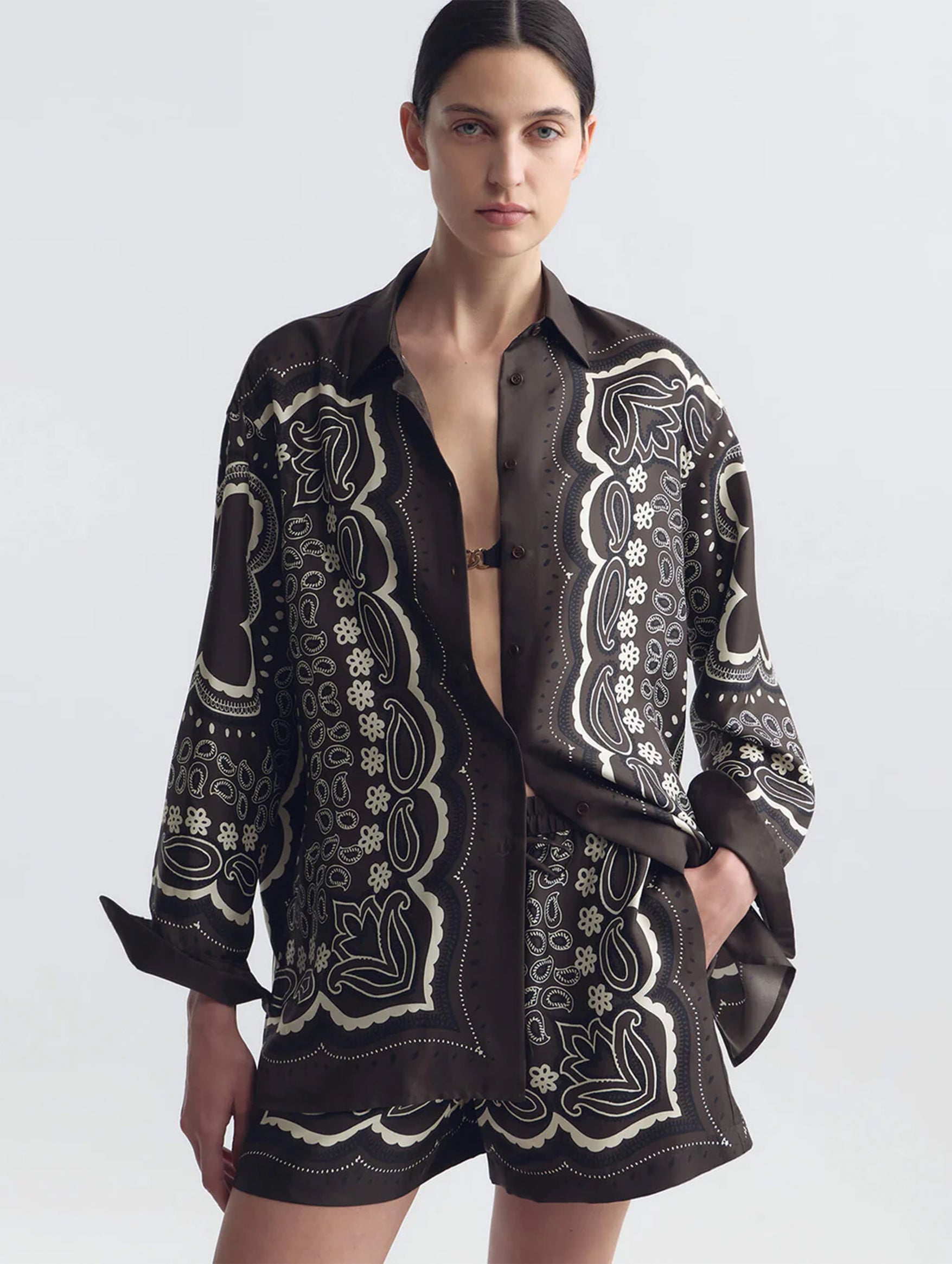 Alfie Silk Shirt in Brown Ivory Bandana Print