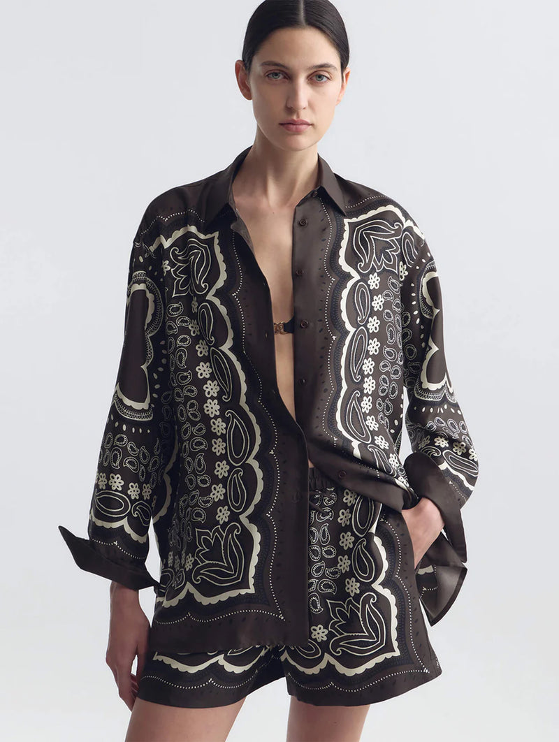 Alfie Silk Shirt in Brown Ivory Bandana Print