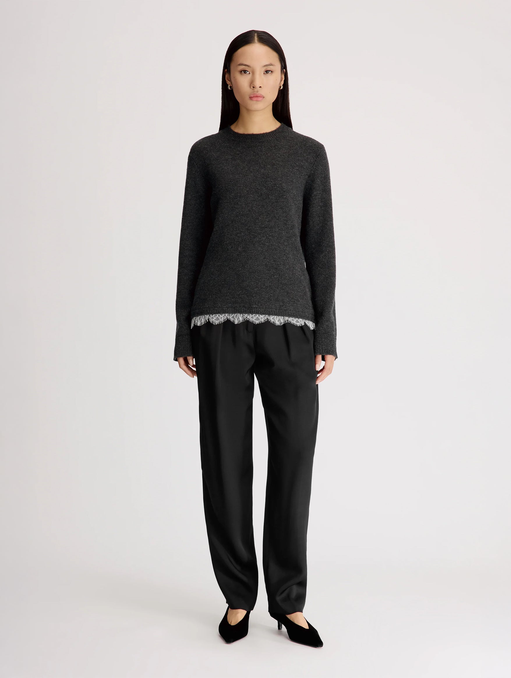 Arvo Lace Trim Cashmere Sweater in Charcoal