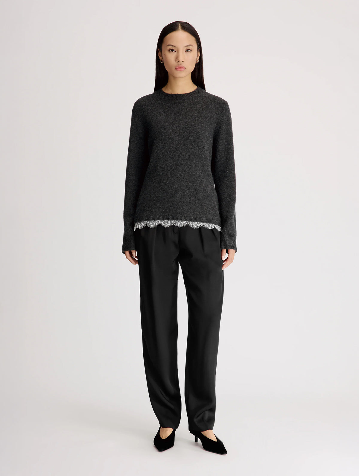 Arvo Lace Trim Cashmere Sweater in Charcoal