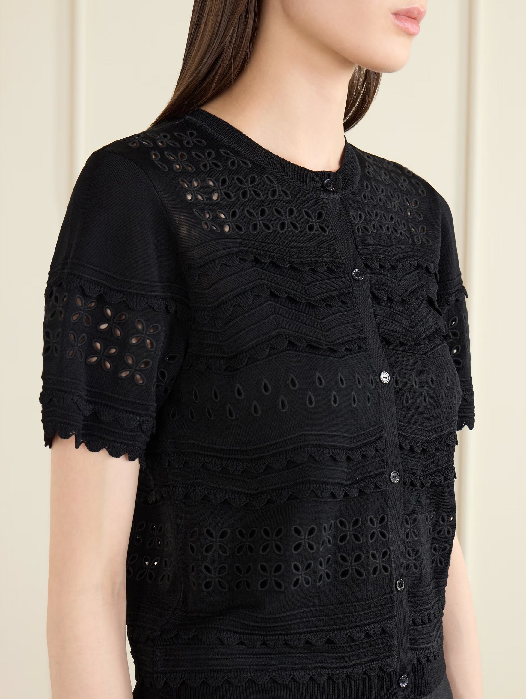 Abriana Eyelet Knit Cardigan in Noir