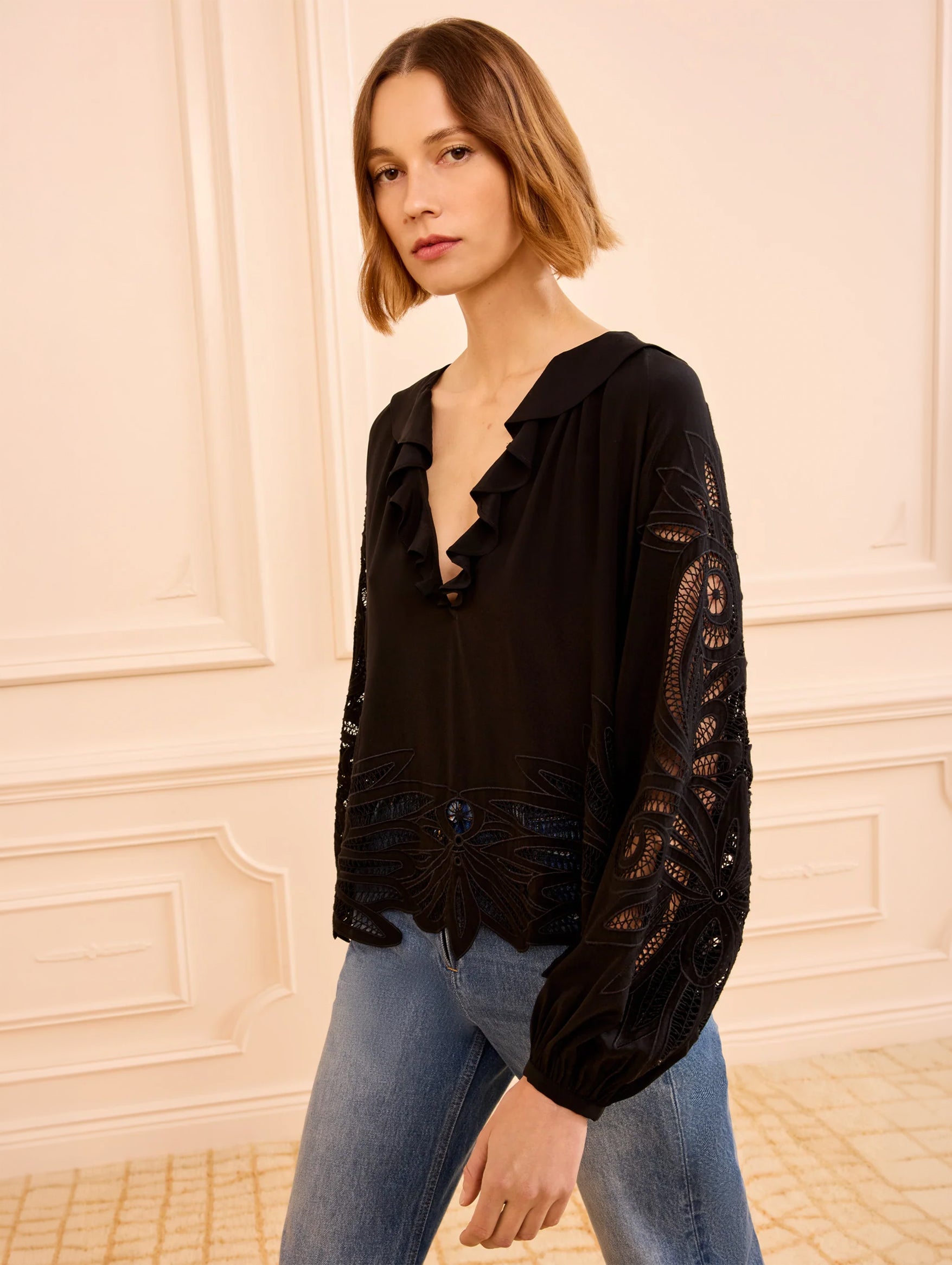 Adonis Silk Applique Blouse in Noir