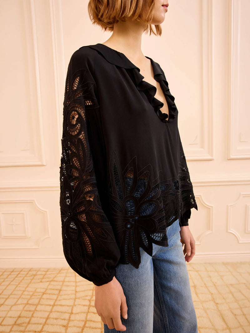 Adonis Silk Applique Blouse in Noir