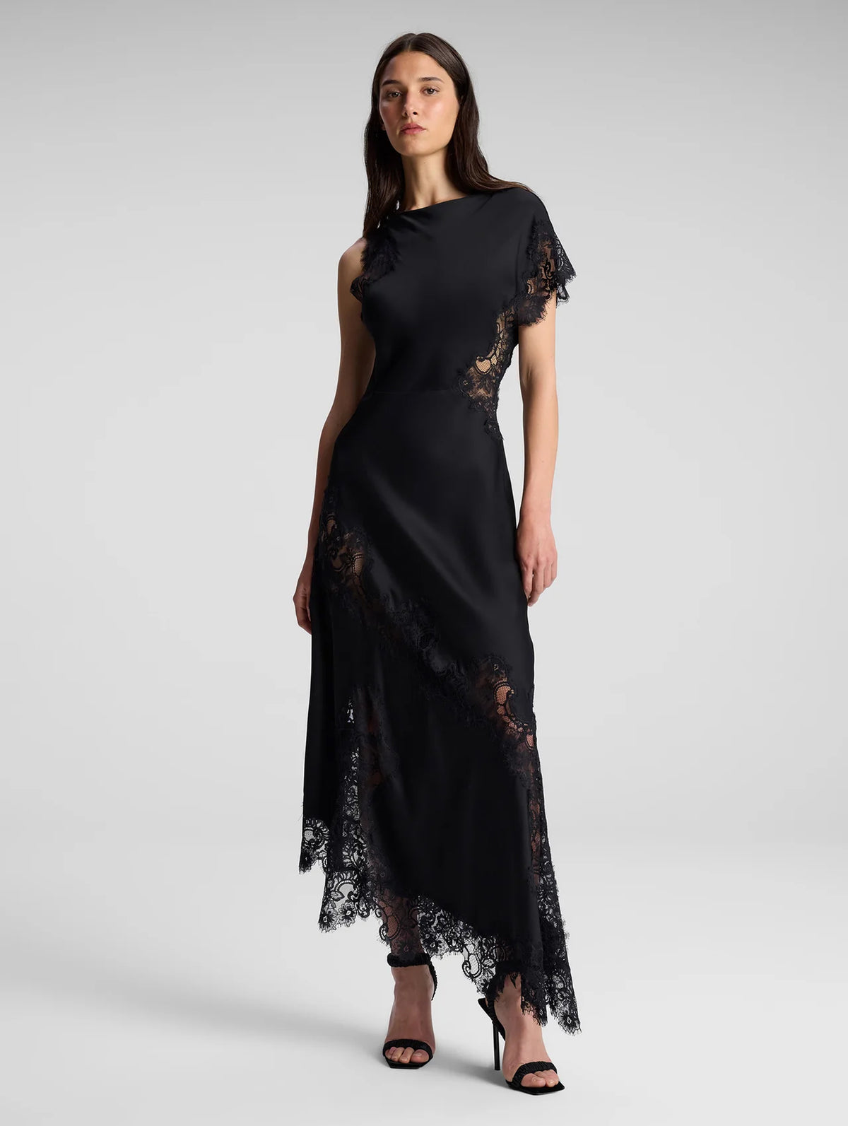 Alessia Satin and Lace Maxi Dress in Black