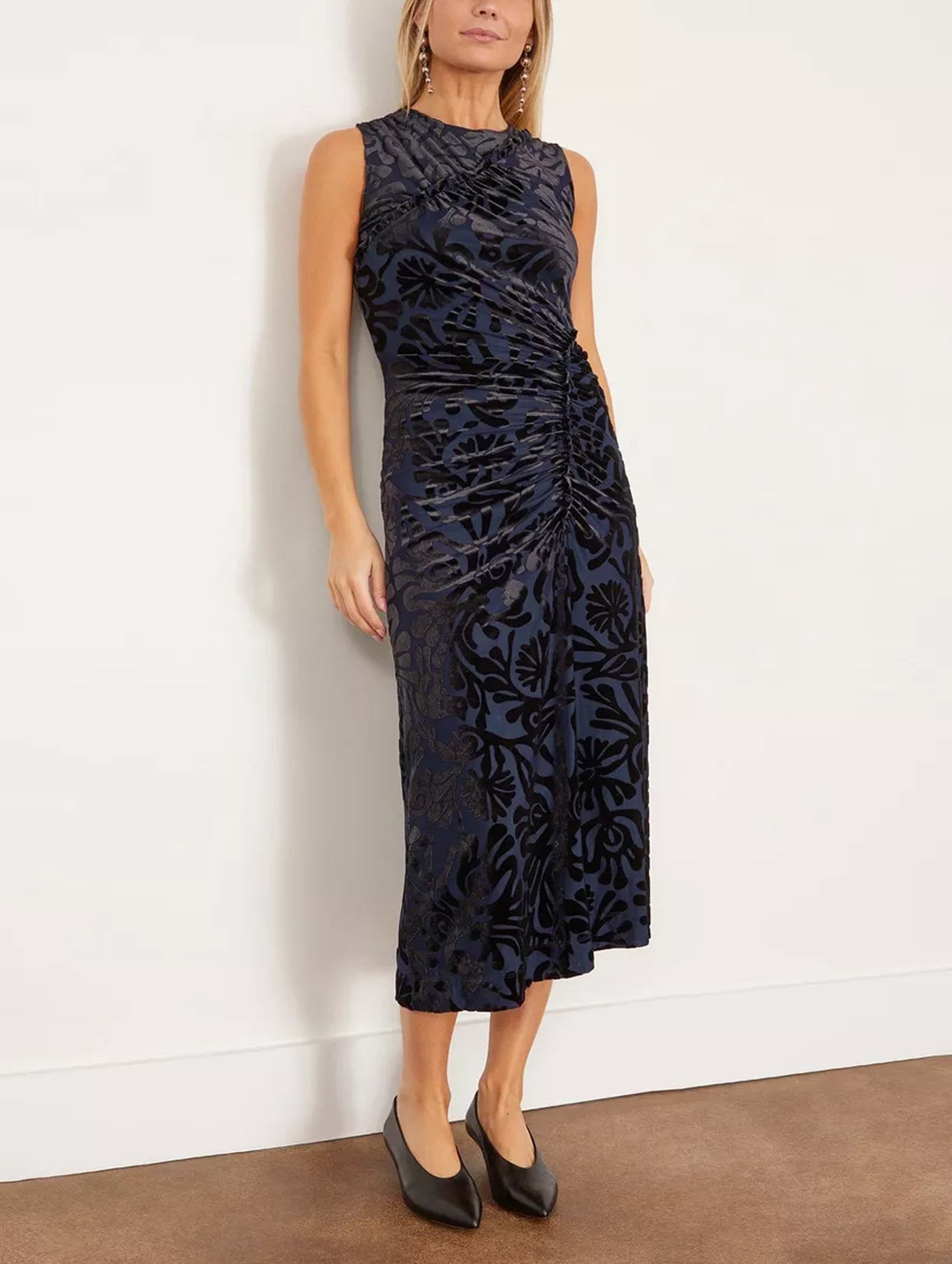 Alia Stretch Velvet Burnout Sleeveless Dress in Navy