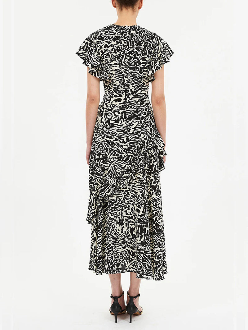 Amaia Cascading Ruffle Midi Dress in Spotted Jasper