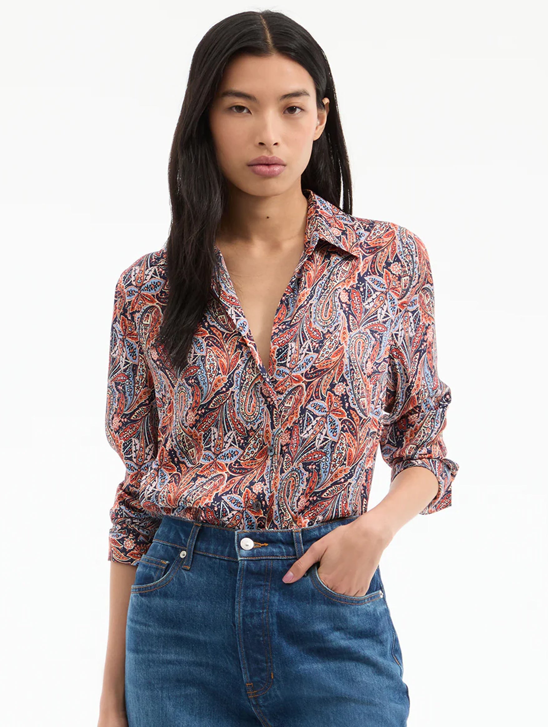 Amelia Paisley Silk Shirt in Navy