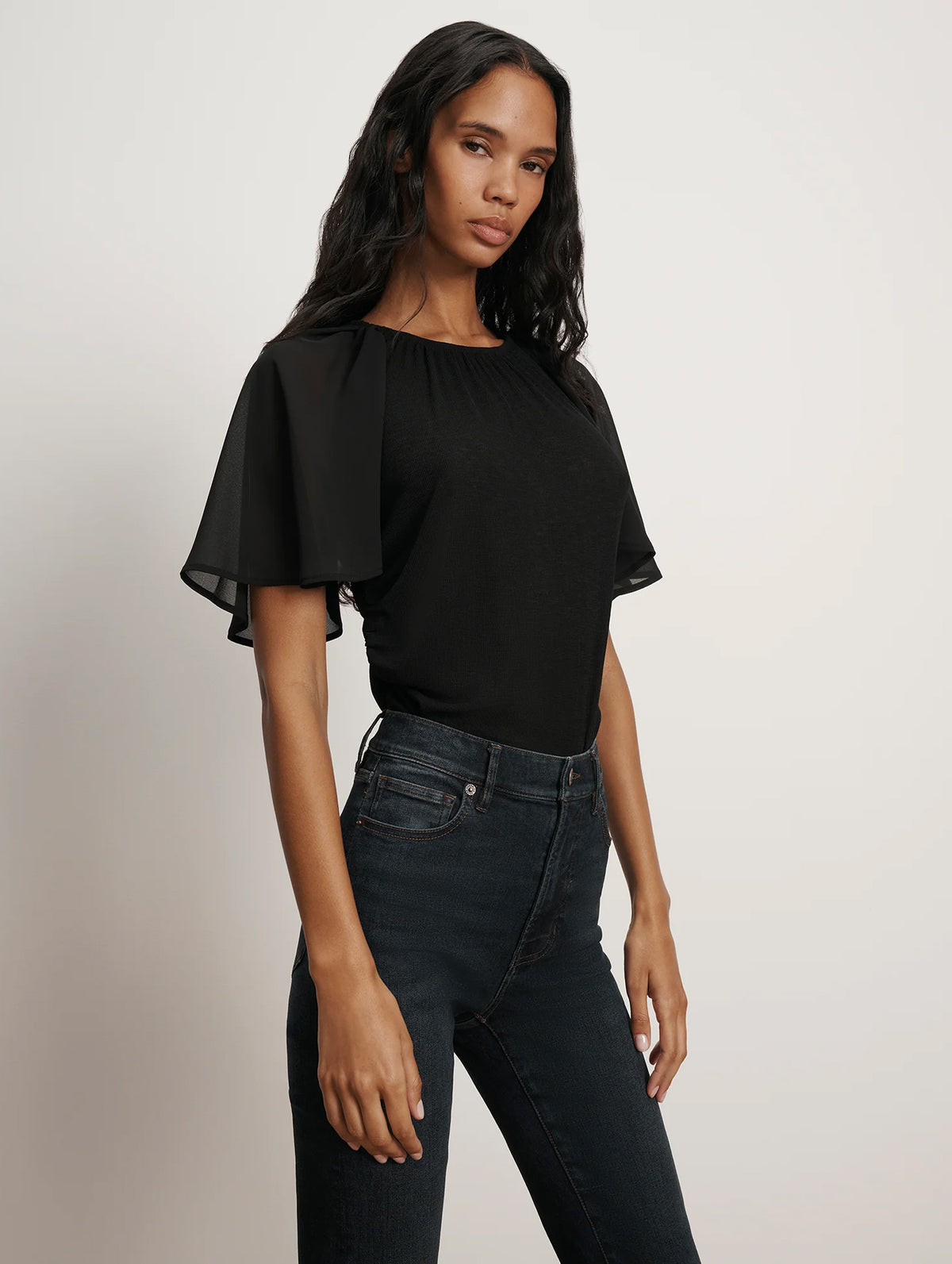 Arisa Chiffon-Sleeve T-Shirt in Black