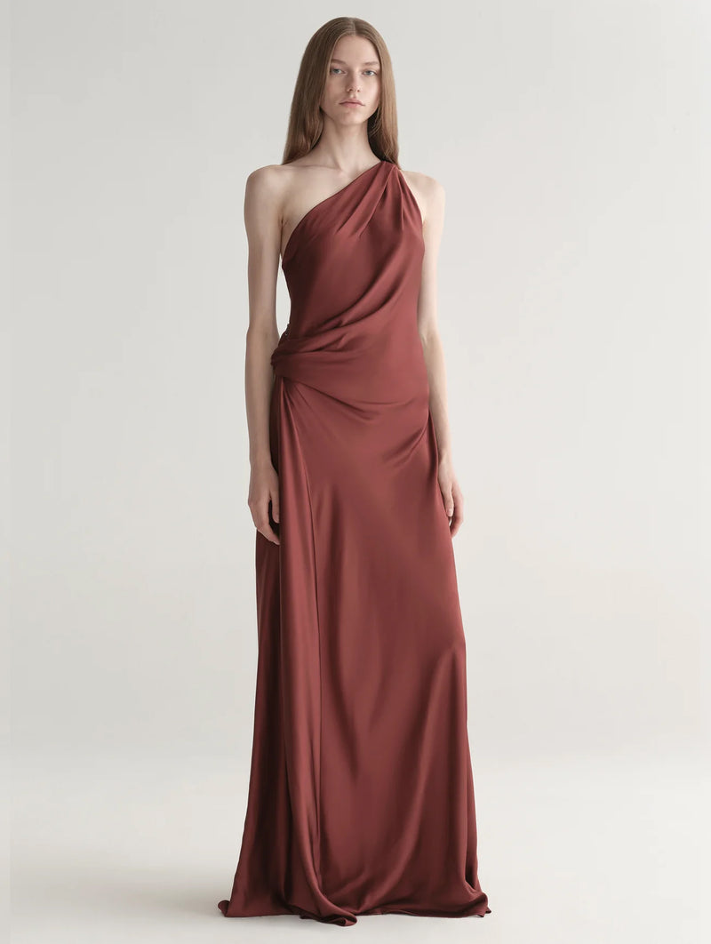 Aster One Shoulder Gown in Black Cherry