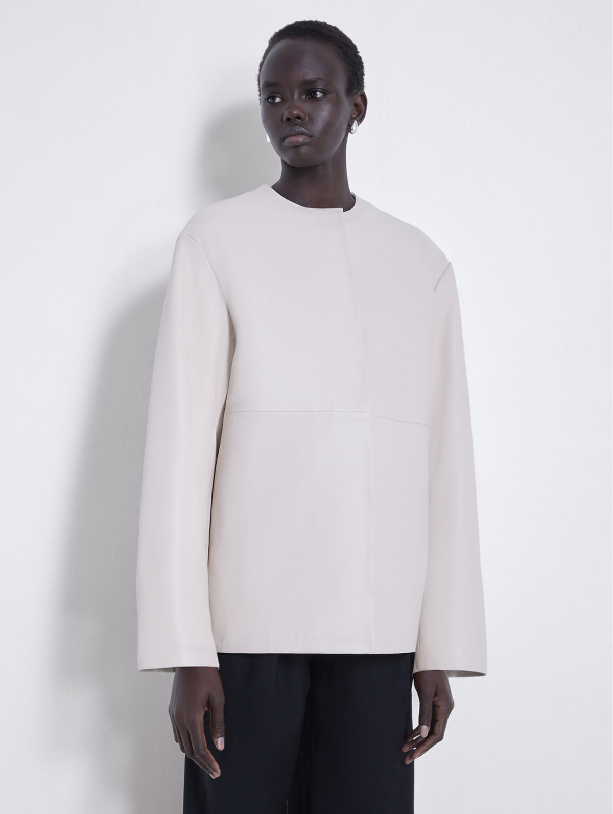 Atalia Leather Round Neck Coat in Ivory