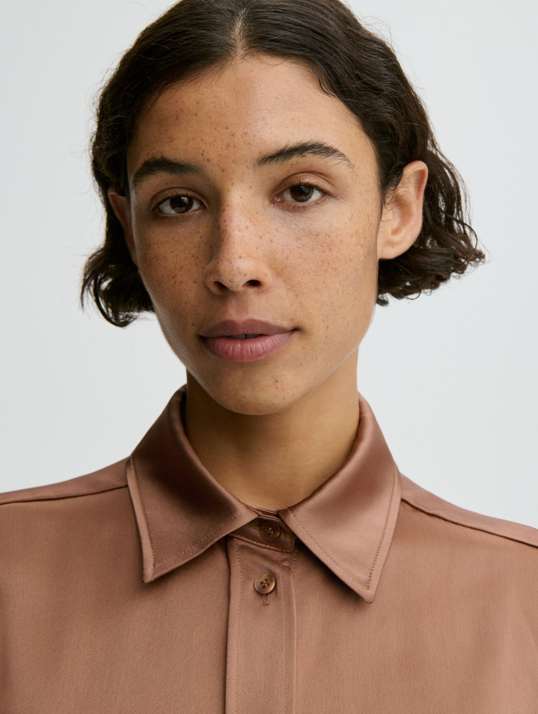 Audrey Satin Shirt in Latte Brown