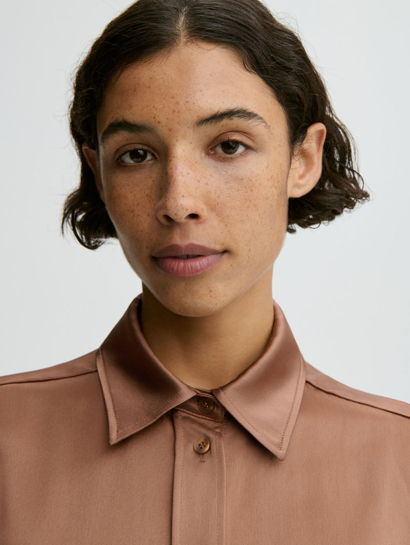 Audrey Satin Shirt in Latte Brown