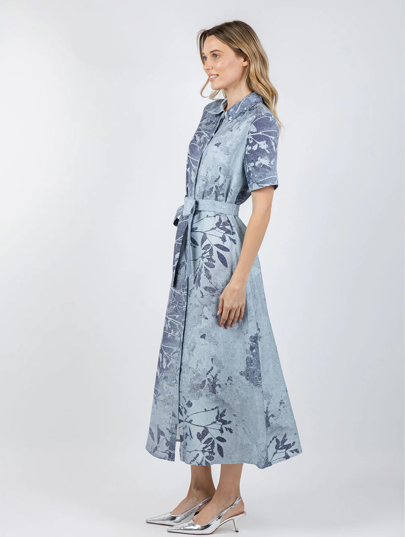 Audria Belted Midi Dress in Sky Floral