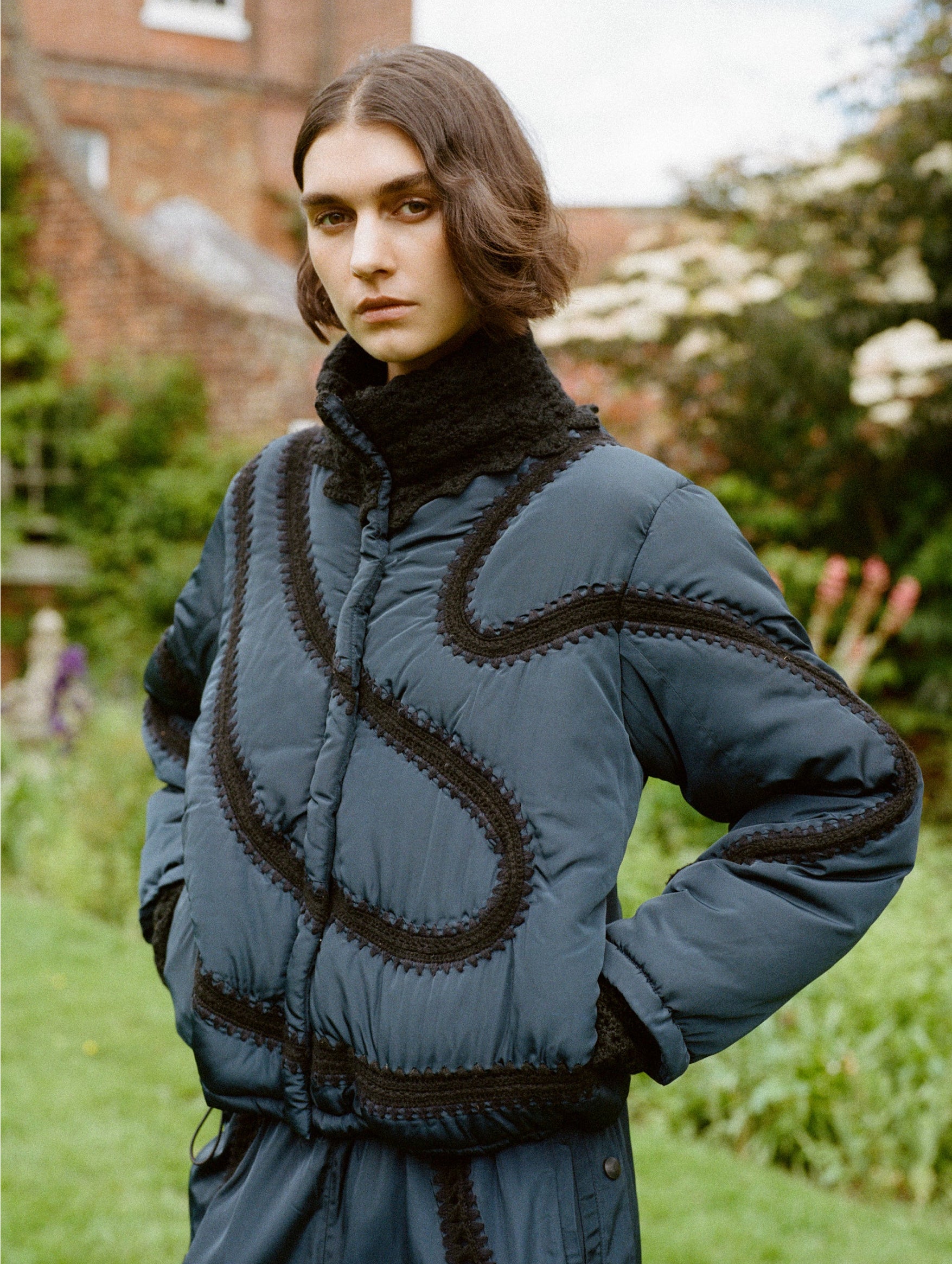 Averie Windbreaker Crochet Puffer Jacket in Navy