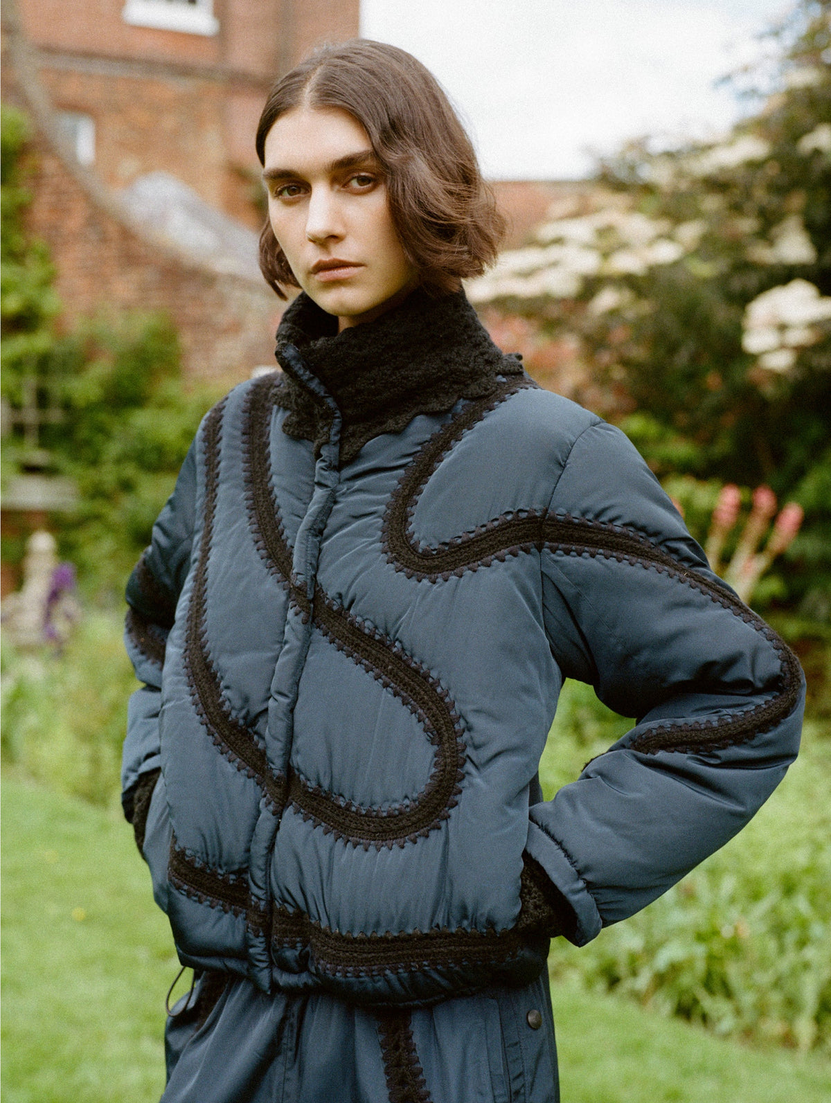 Averie Windbreaker Crochet Puffer Jacket in Navy