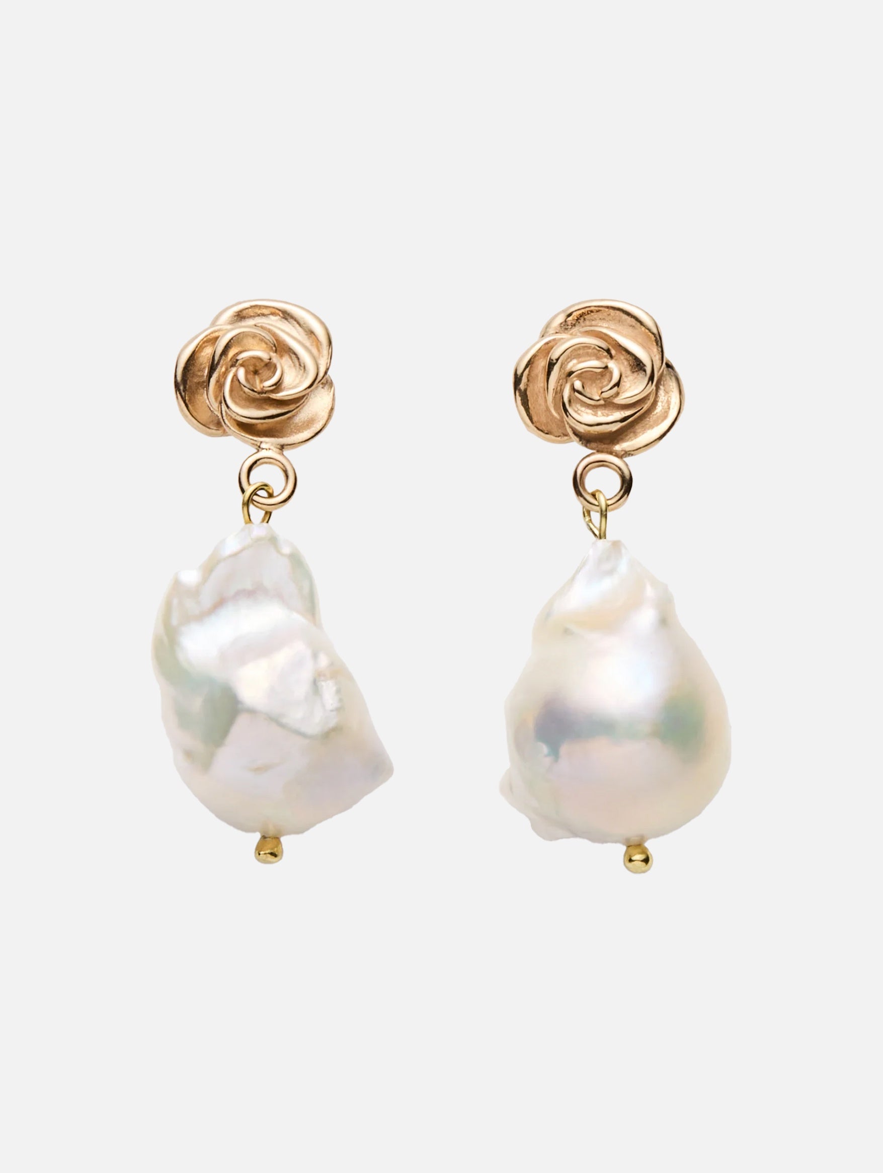 Baroque Pearl Drop Earrings With Rose Stud in Gold
