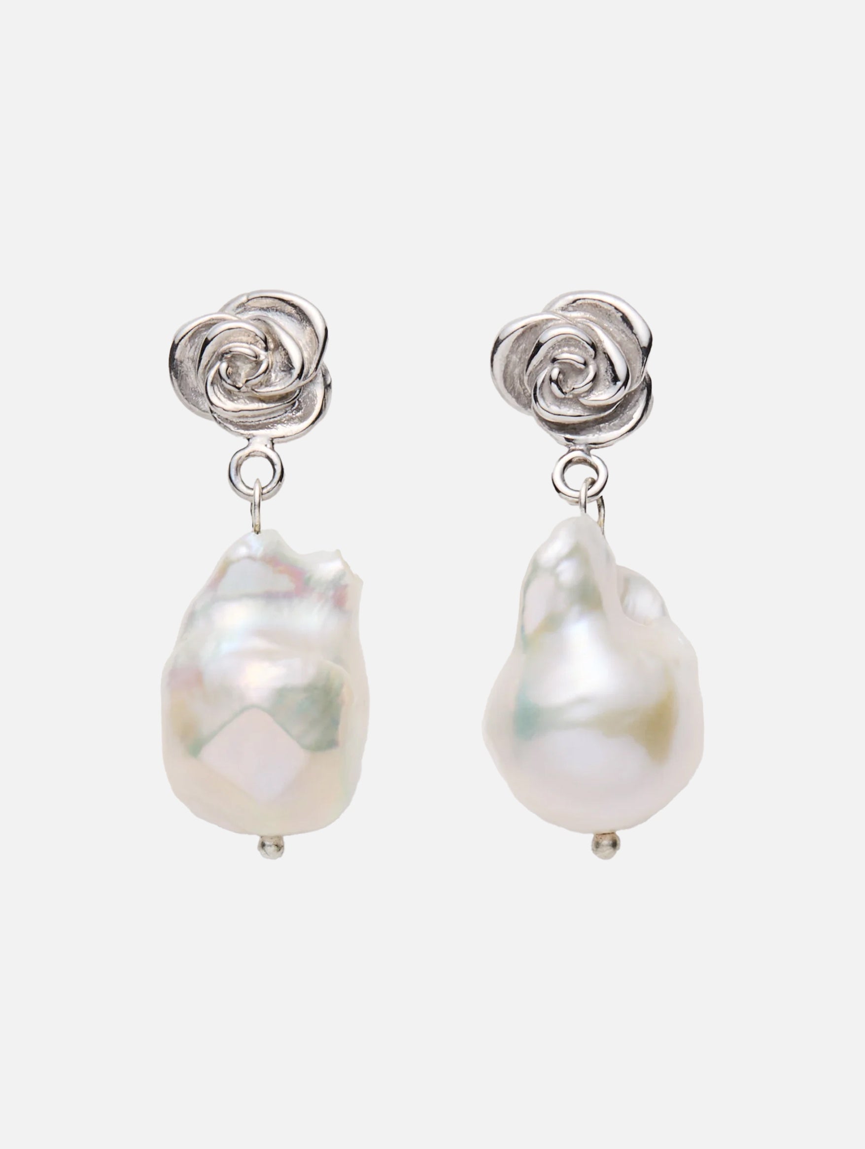 Baroque Pearl Drop Earrings With Rose Stud in Silver