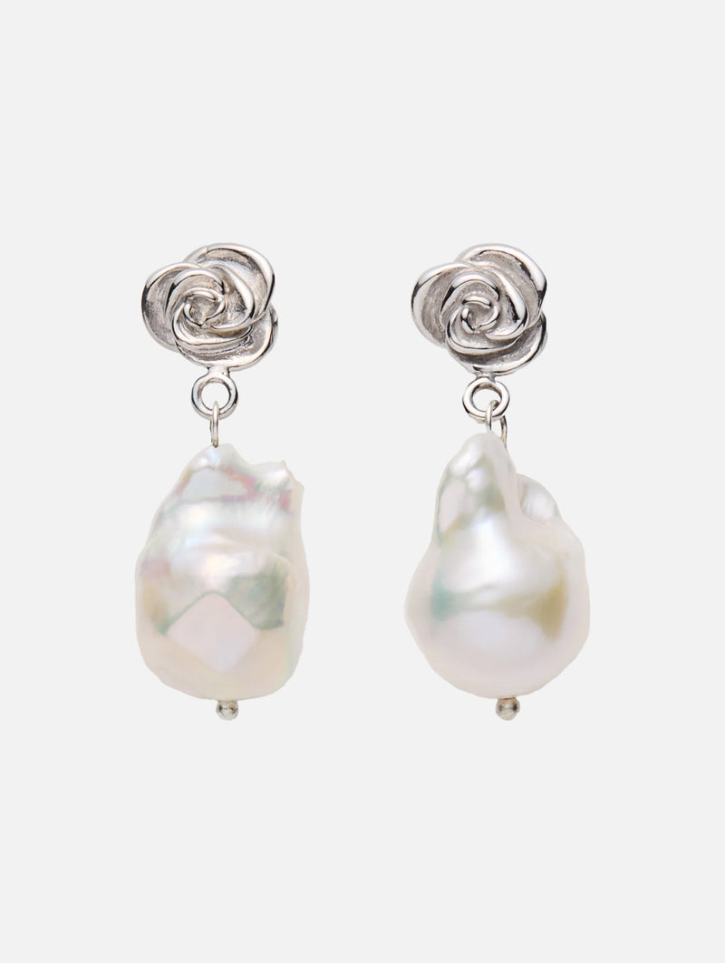 Baroque Pearl Drop Earrings With Rose Stud in Silver