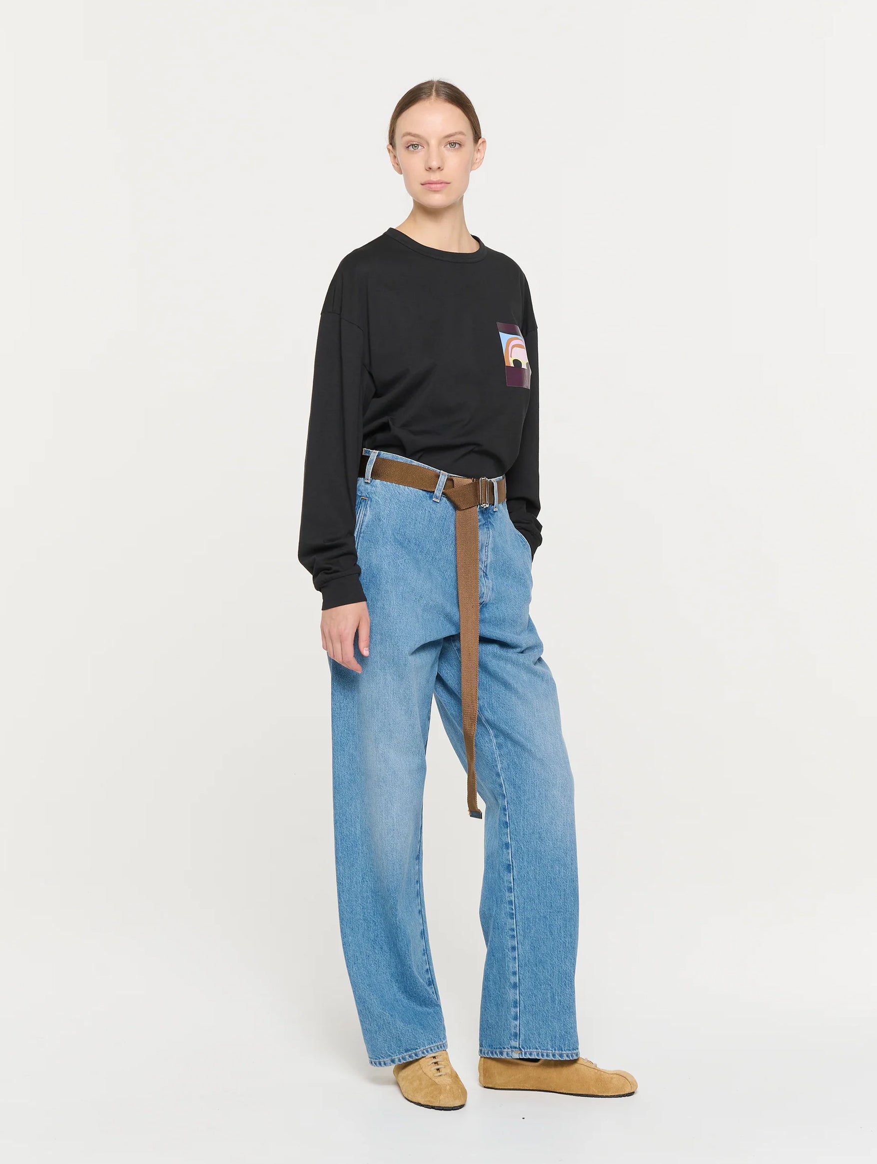 Straight Leg Belted Jeans in Blue Denim