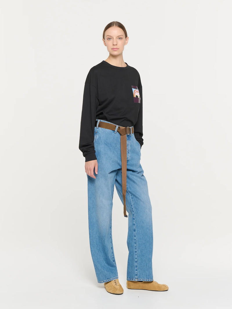 Straight Leg Belted Jeans in Blue Denim