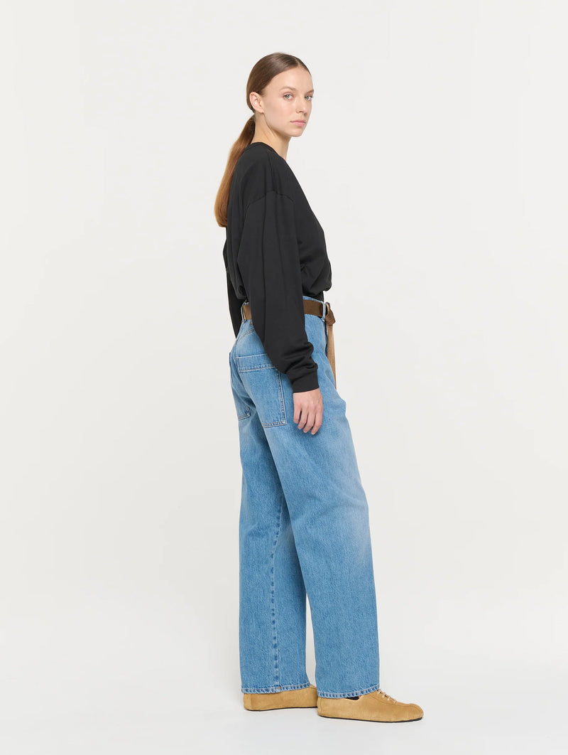 Straight Leg Belted Jeans in Blue Denim