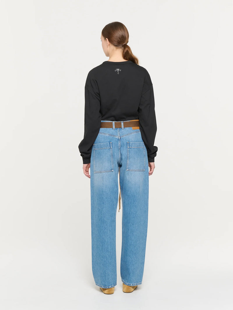 Straight Leg Belted Jeans in Blue Denim