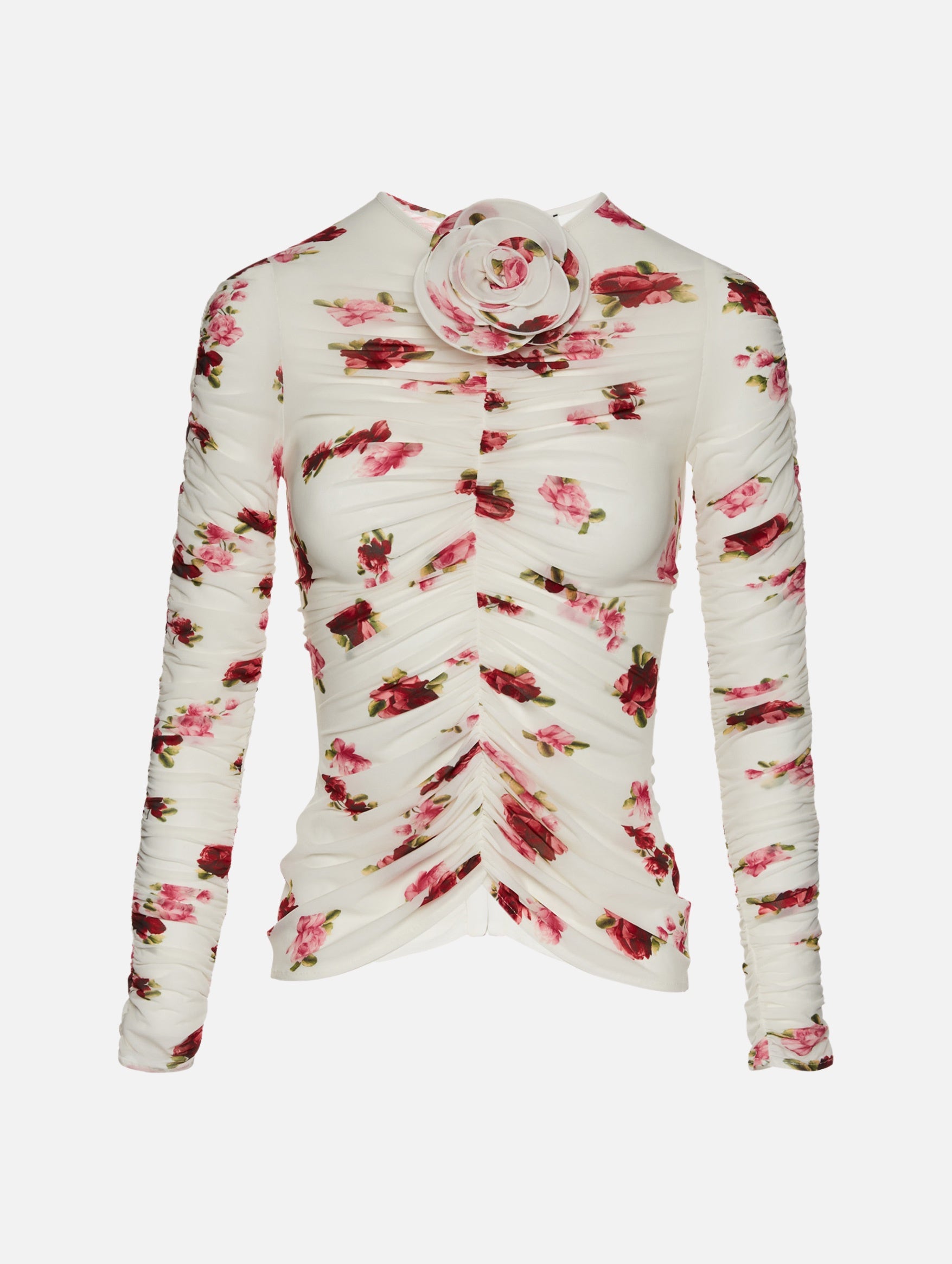 Sheer Ruched Rose Appliqué Top in Cream Print