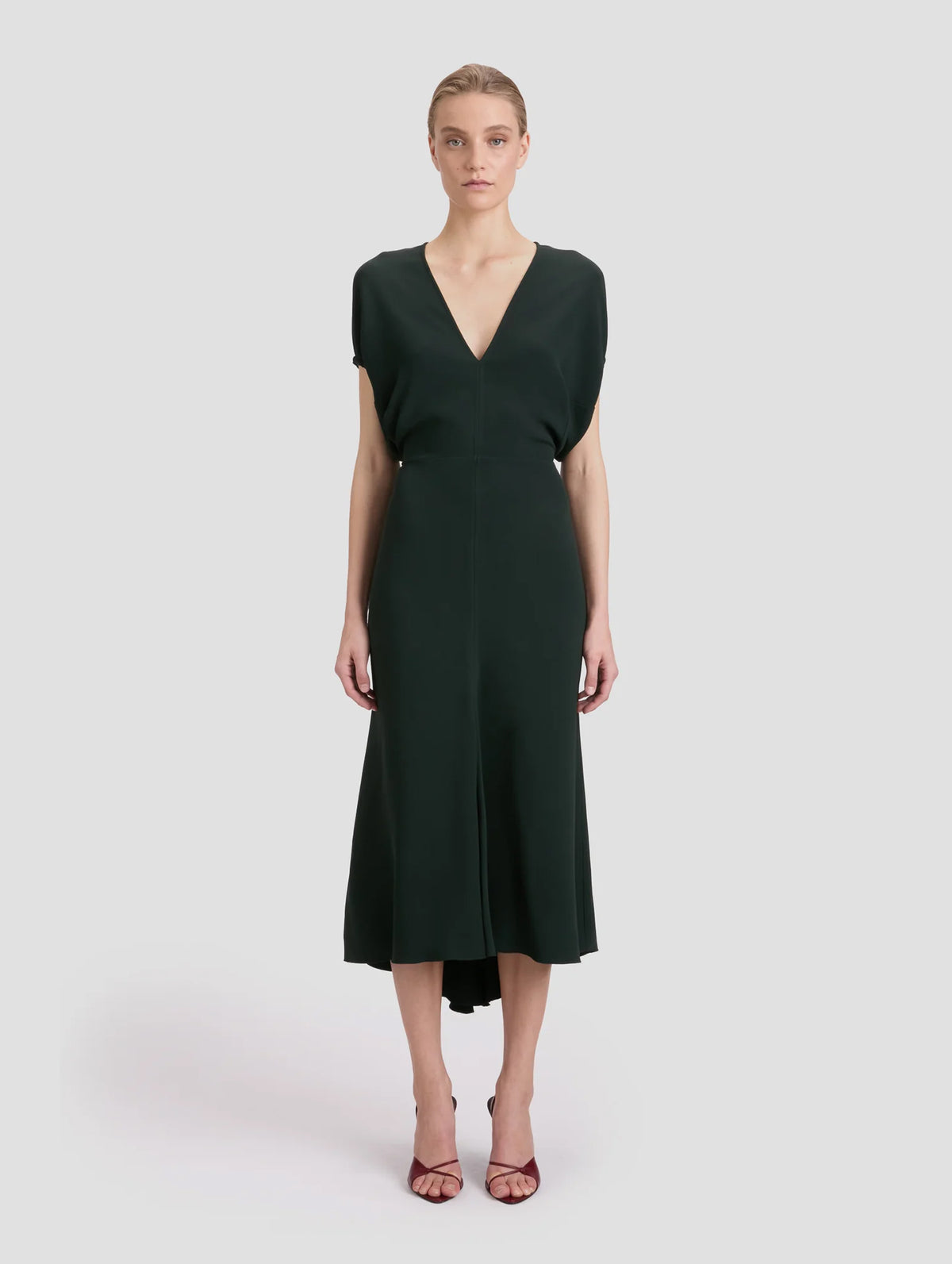 Blouson Detail Midi Dress in Dark Pine