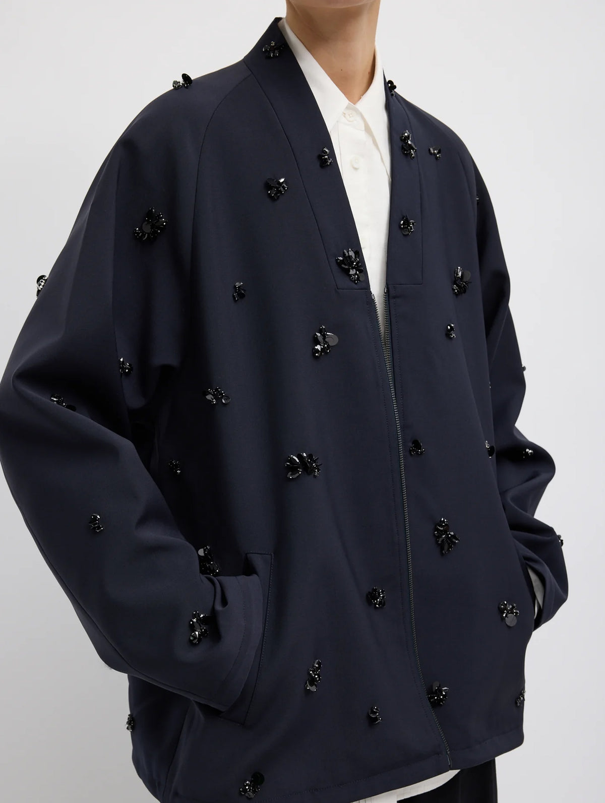 Tropical Wool Beaded Bomber in Navy