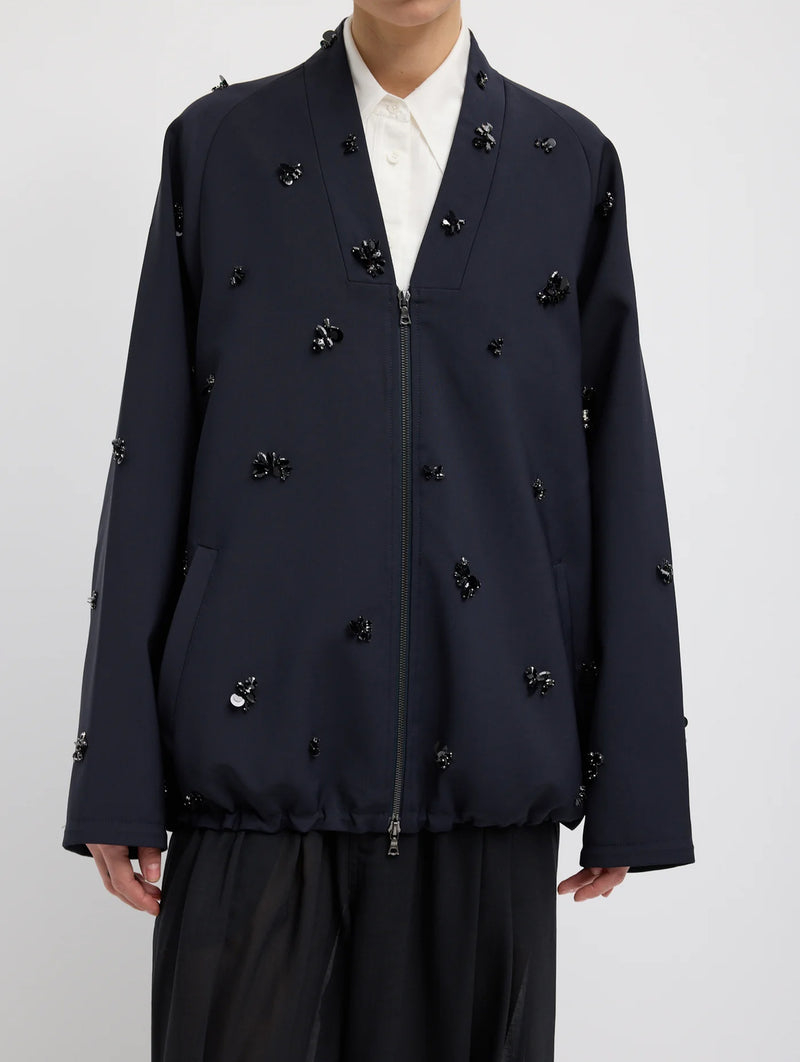 Tropical Wool Beaded Bomber in Navy