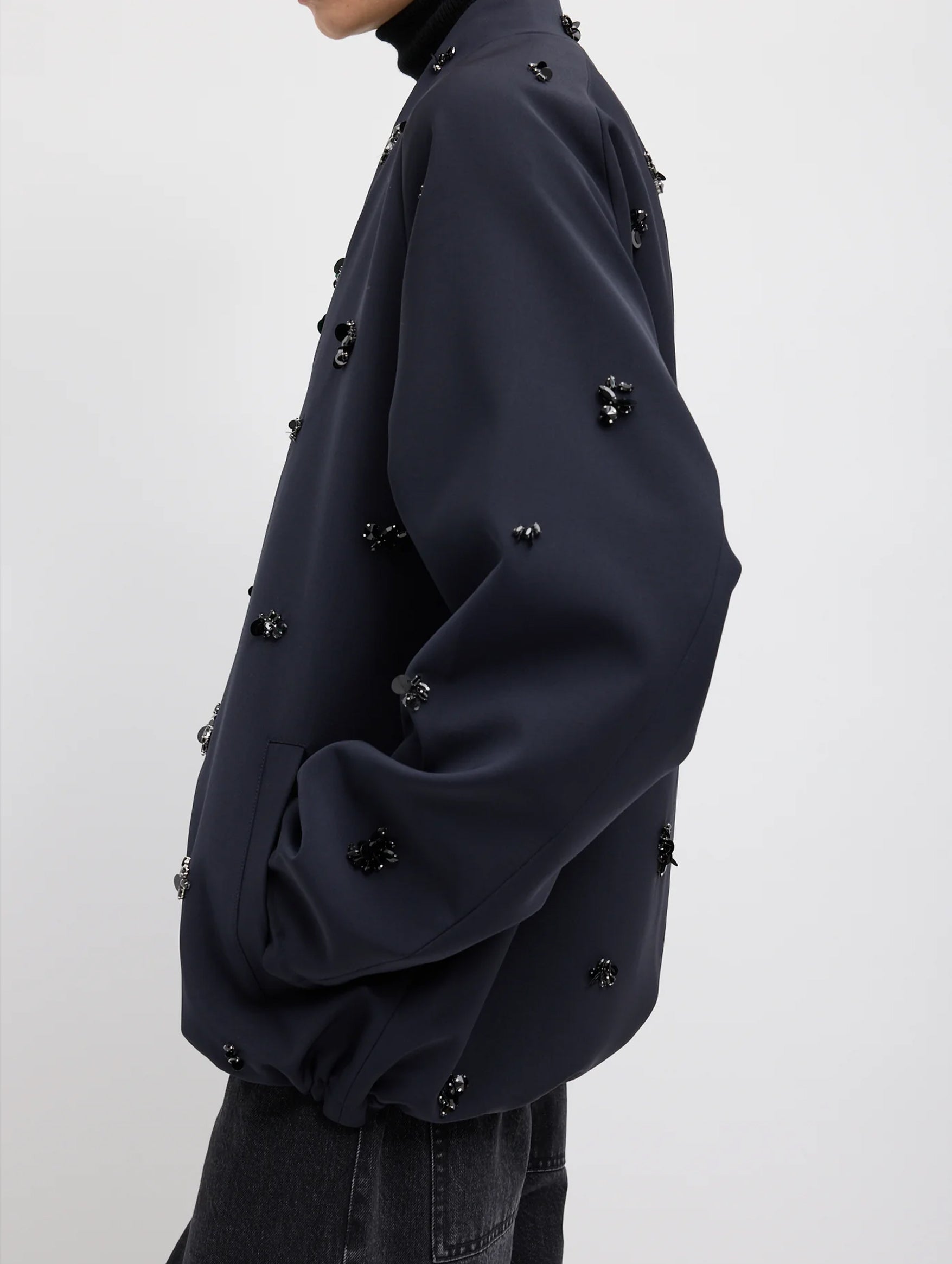 Tropical Wool Beaded Bomber in Navy