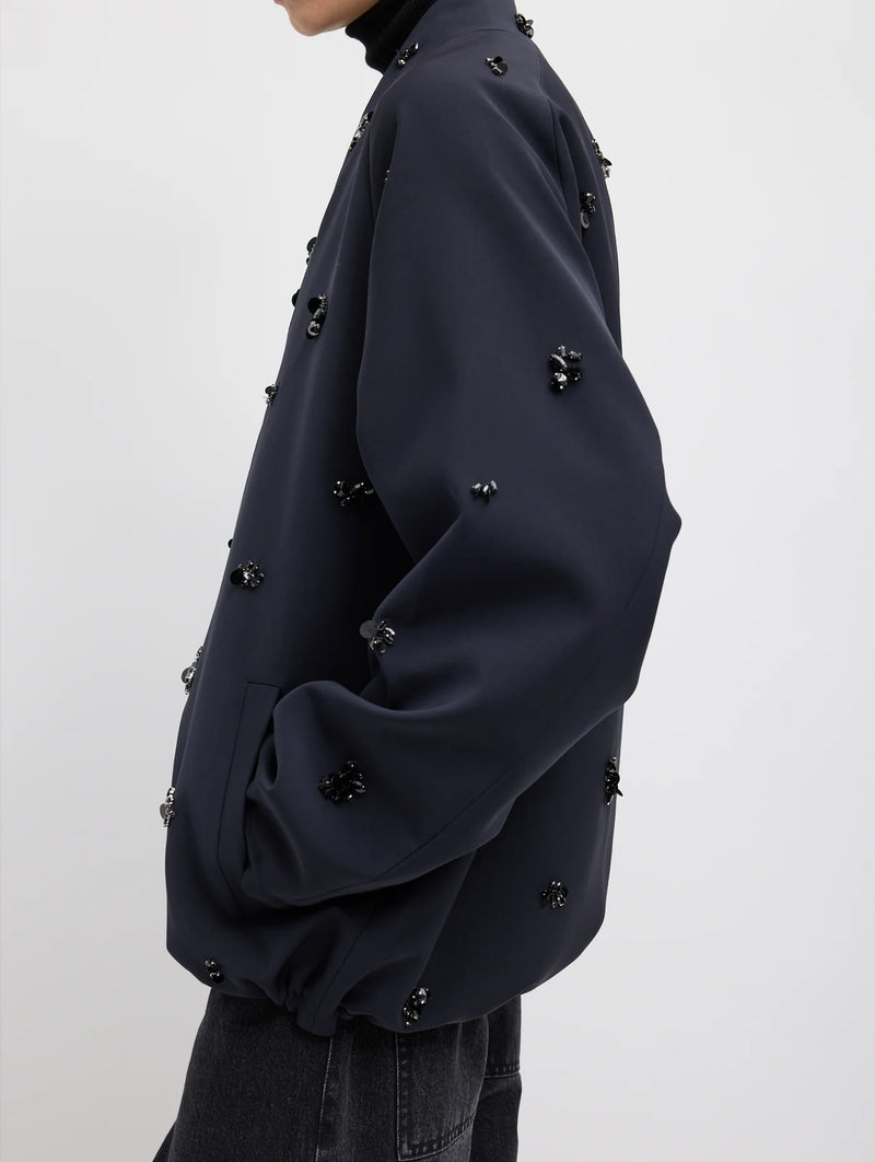 Tropical Wool Beaded Bomber in Navy