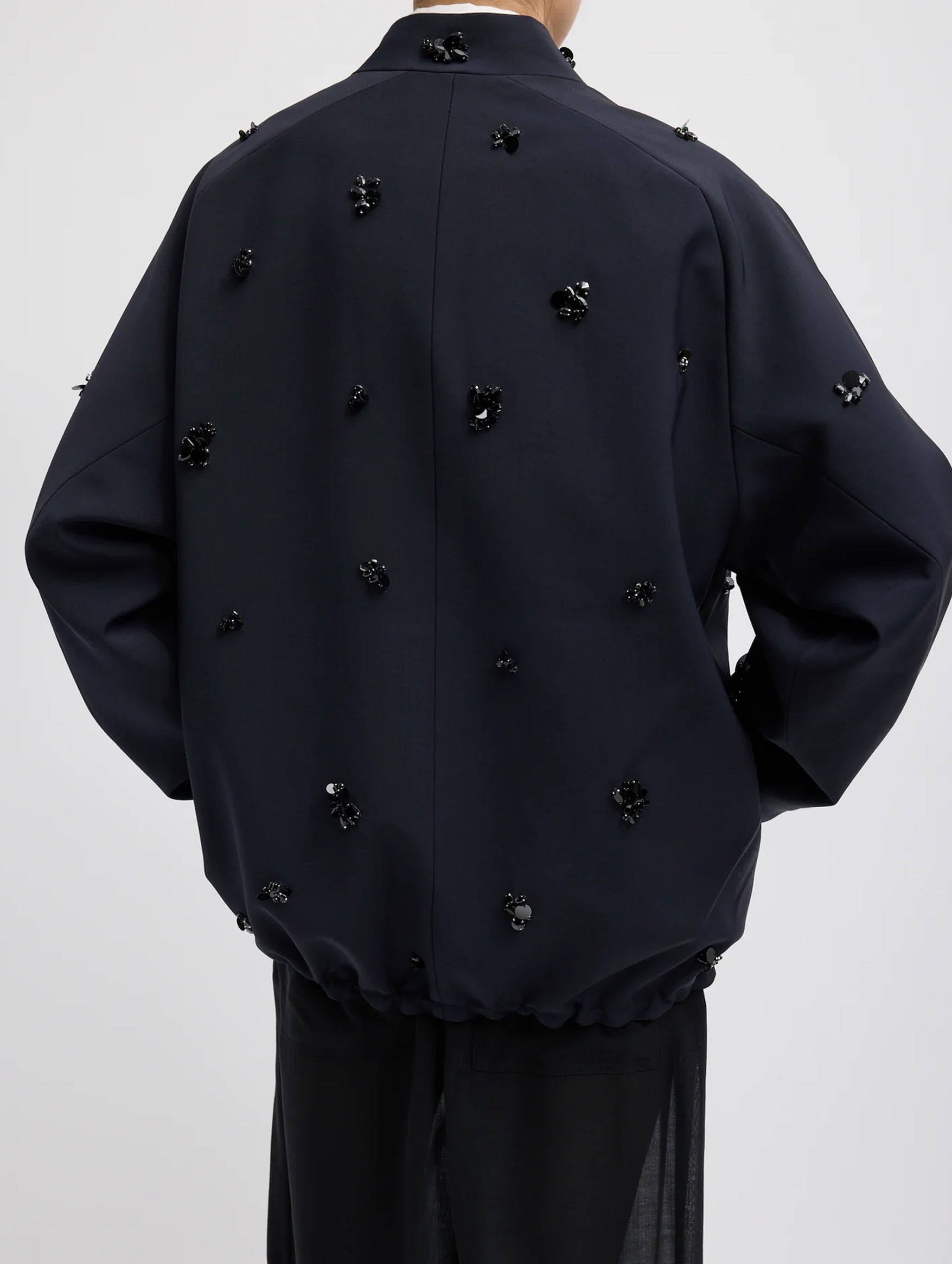 Tropical Wool Beaded Bomber in Navy