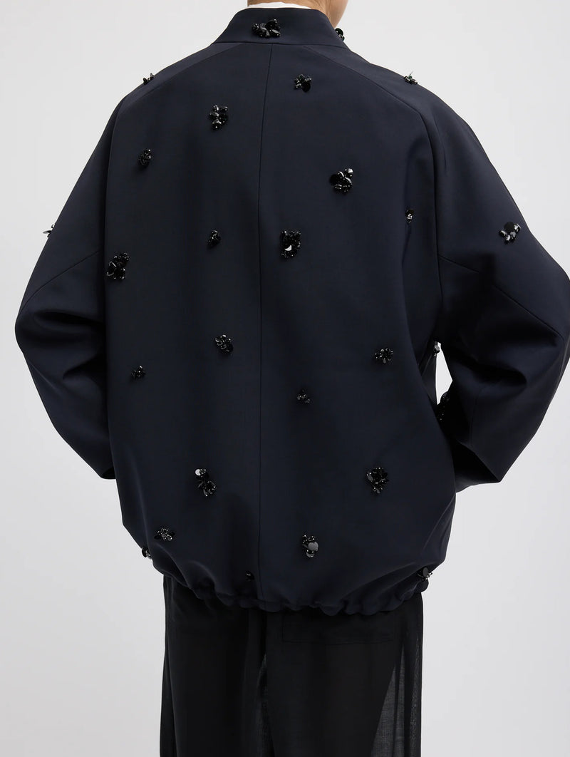 Tropical Wool Beaded Bomber in Navy