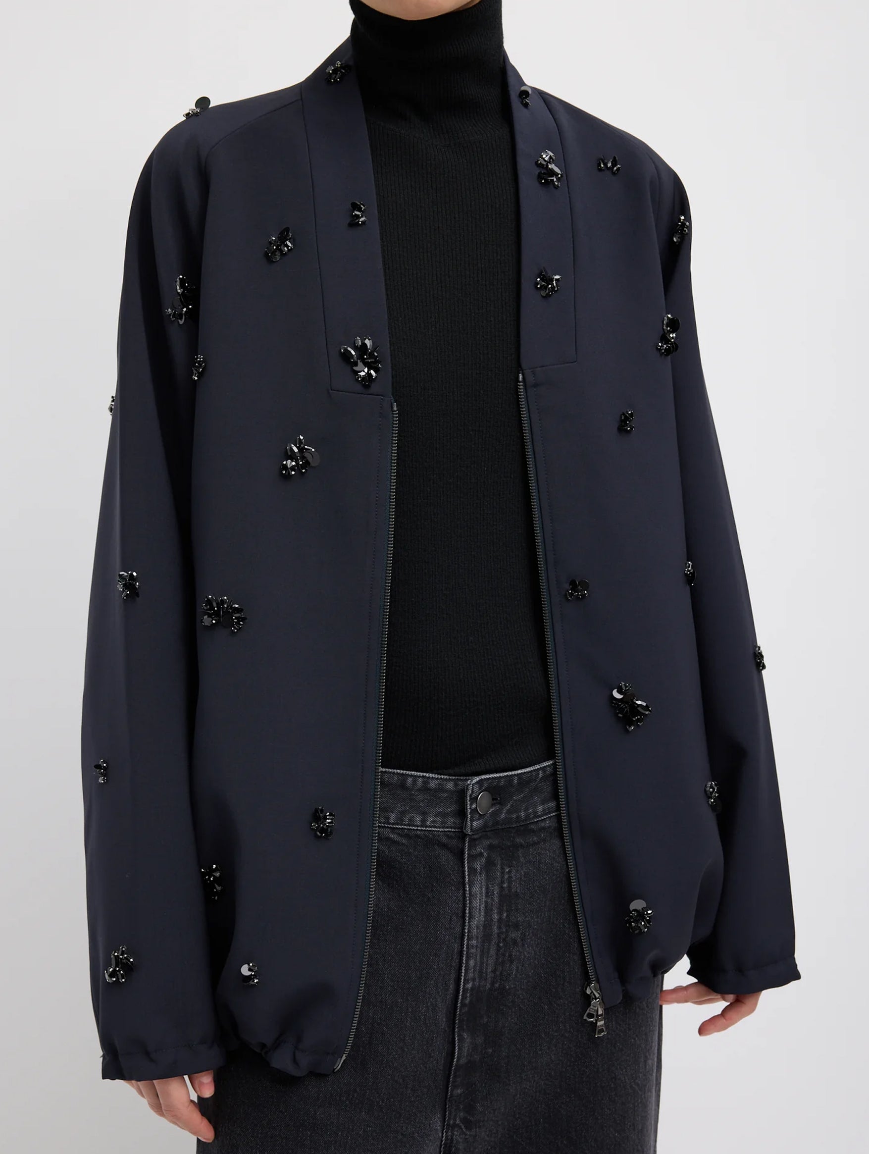 Tropical Wool Beaded Bomber in Navy