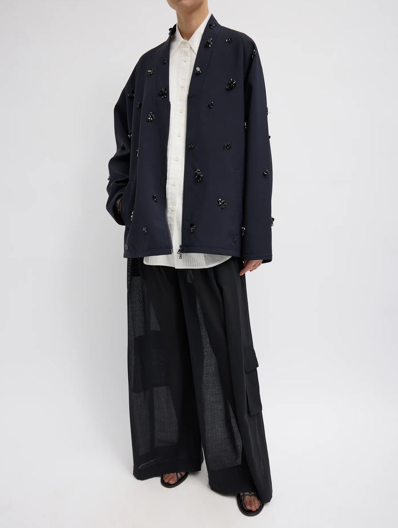 Tropical Wool Beaded Bomber in Navy