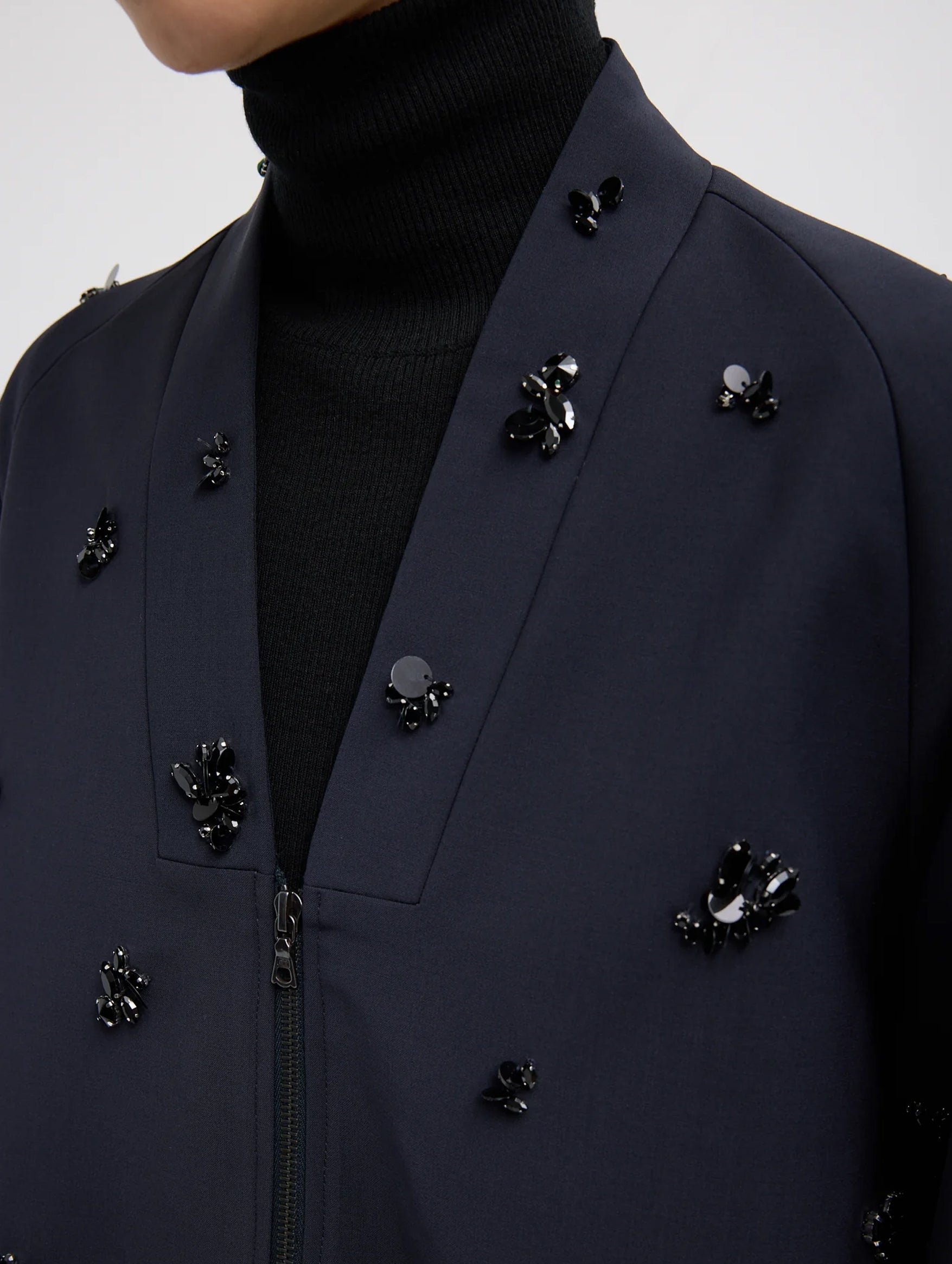 Tropical Wool Beaded Bomber in Navy