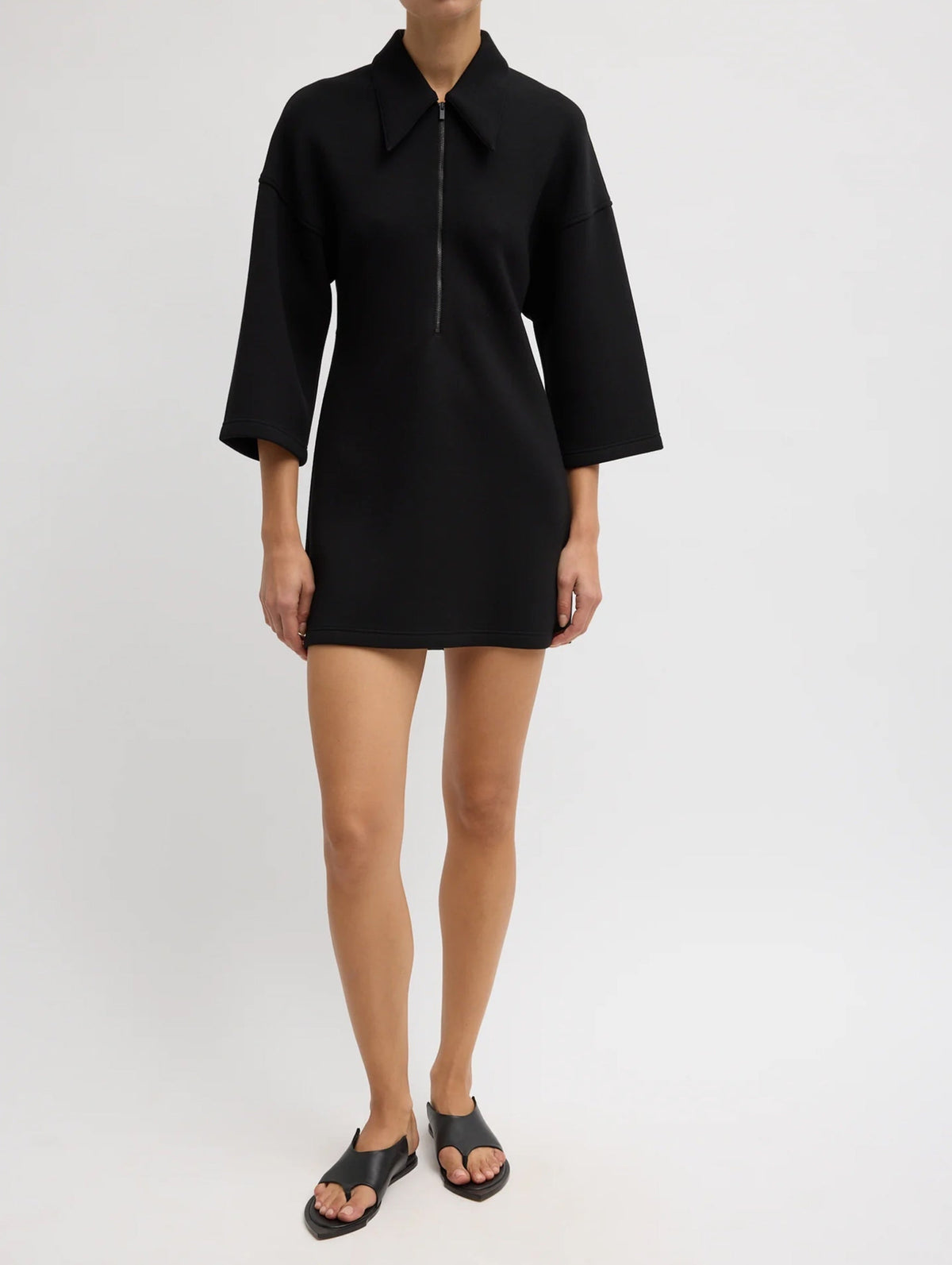 Bonded Viscose Zip Front Short Sleeve Slim Tunic in Black