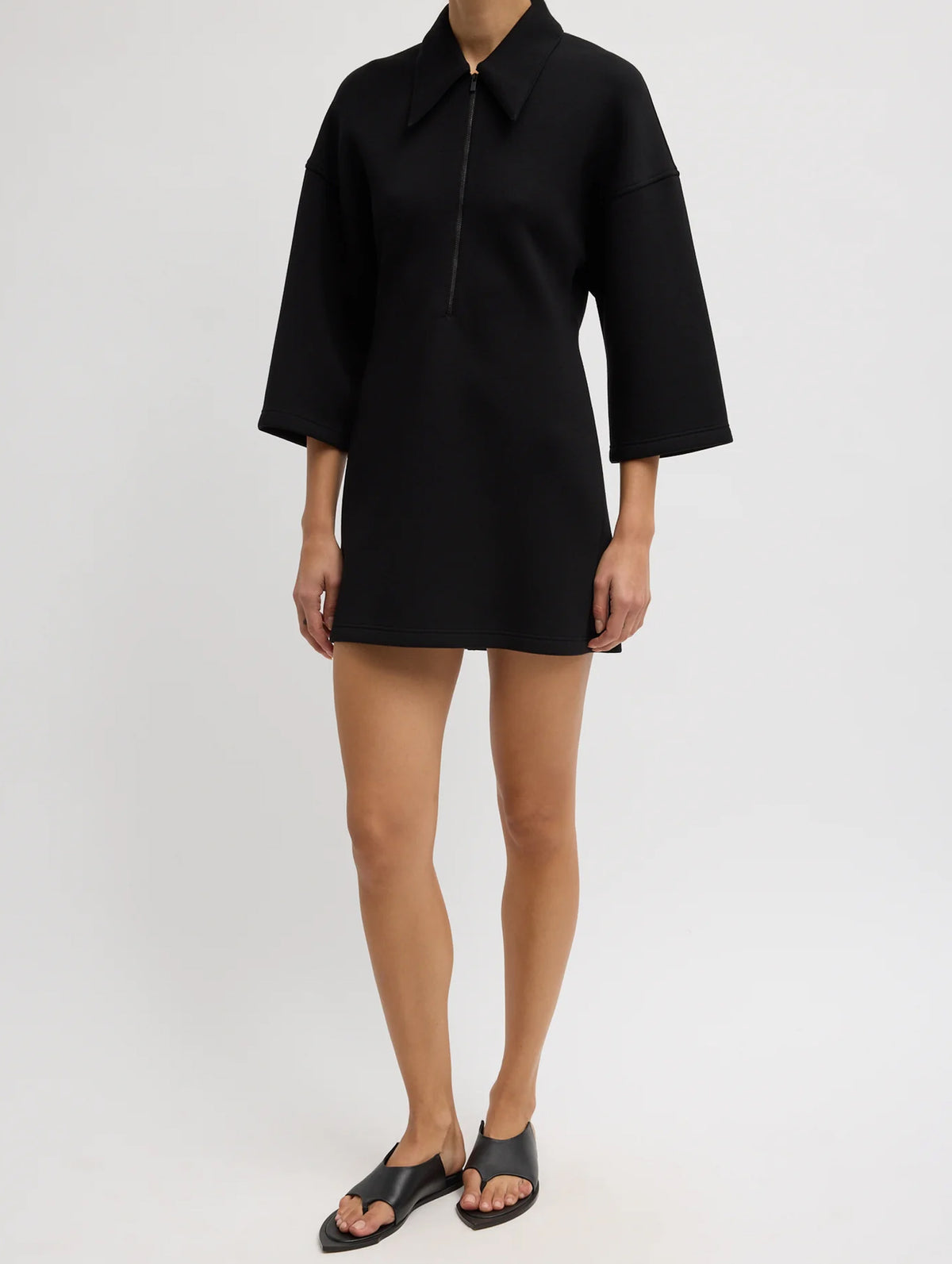 Bonded Viscose Zip Front Short Sleeve Slim Tunic in Black