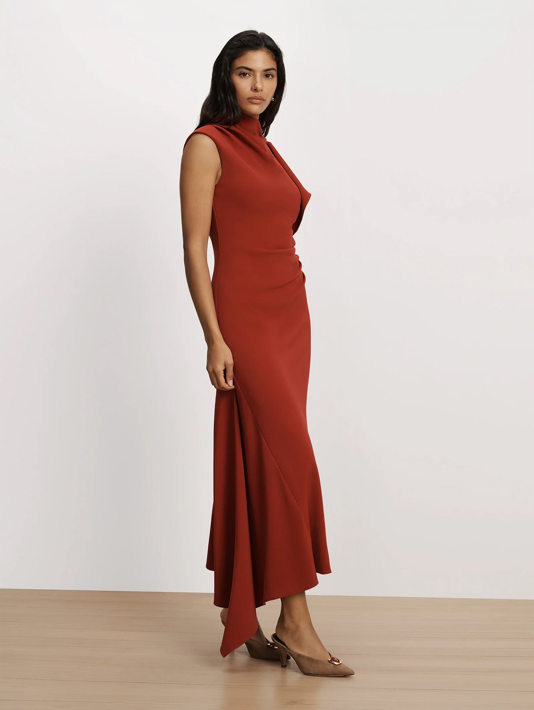 Brett Asymmetric Midi Dress in Cardinal Red