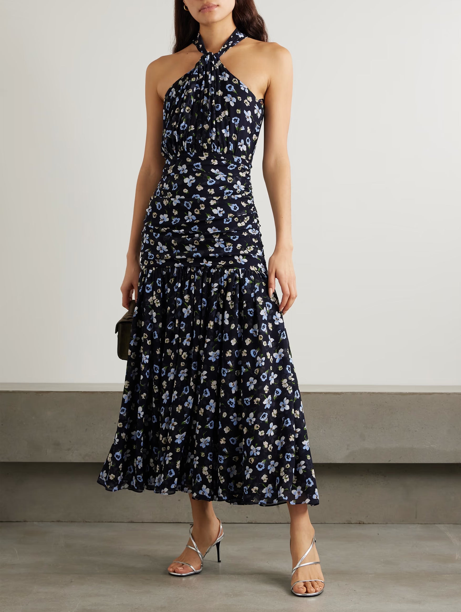 brock silk ruched midi dress Brock Ruched Floral Silk Dress in Navy Muse Boutique