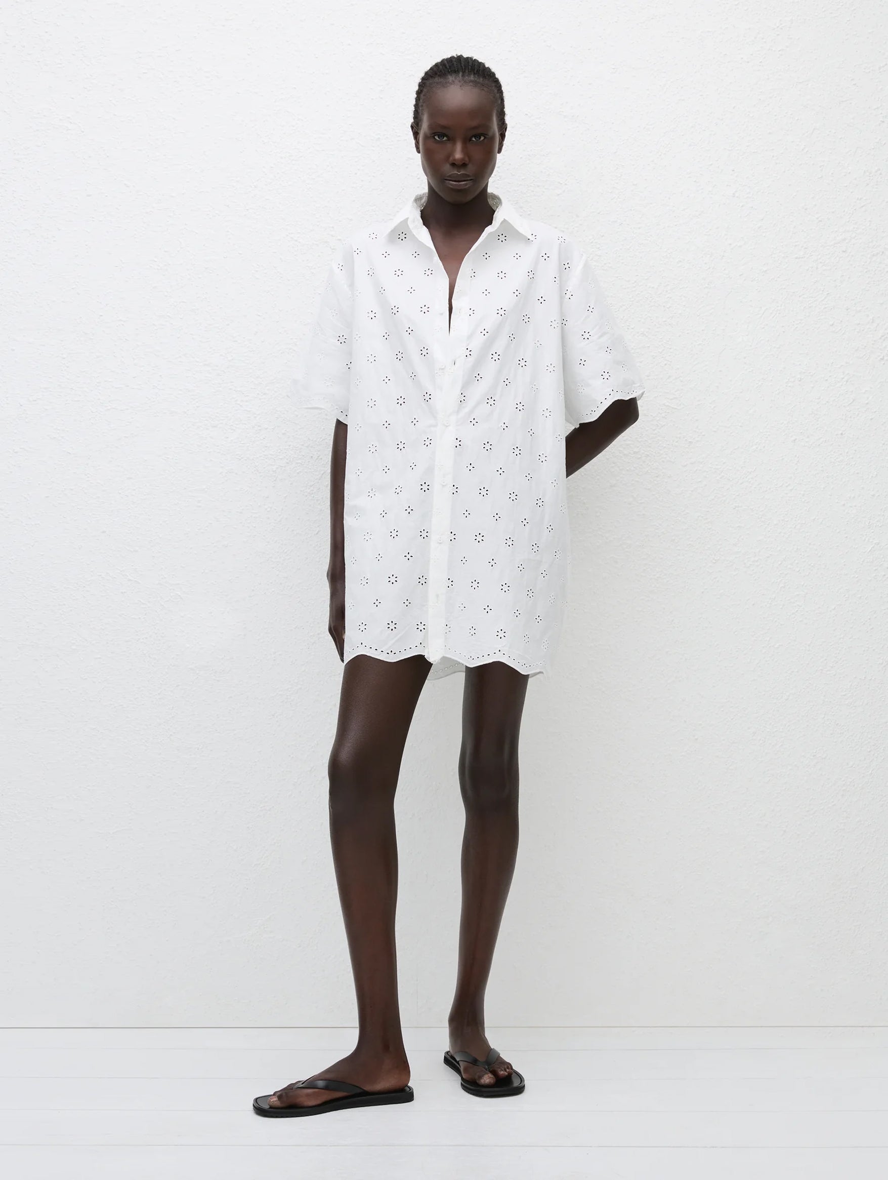 Broderie Mini Shirt Dress in White