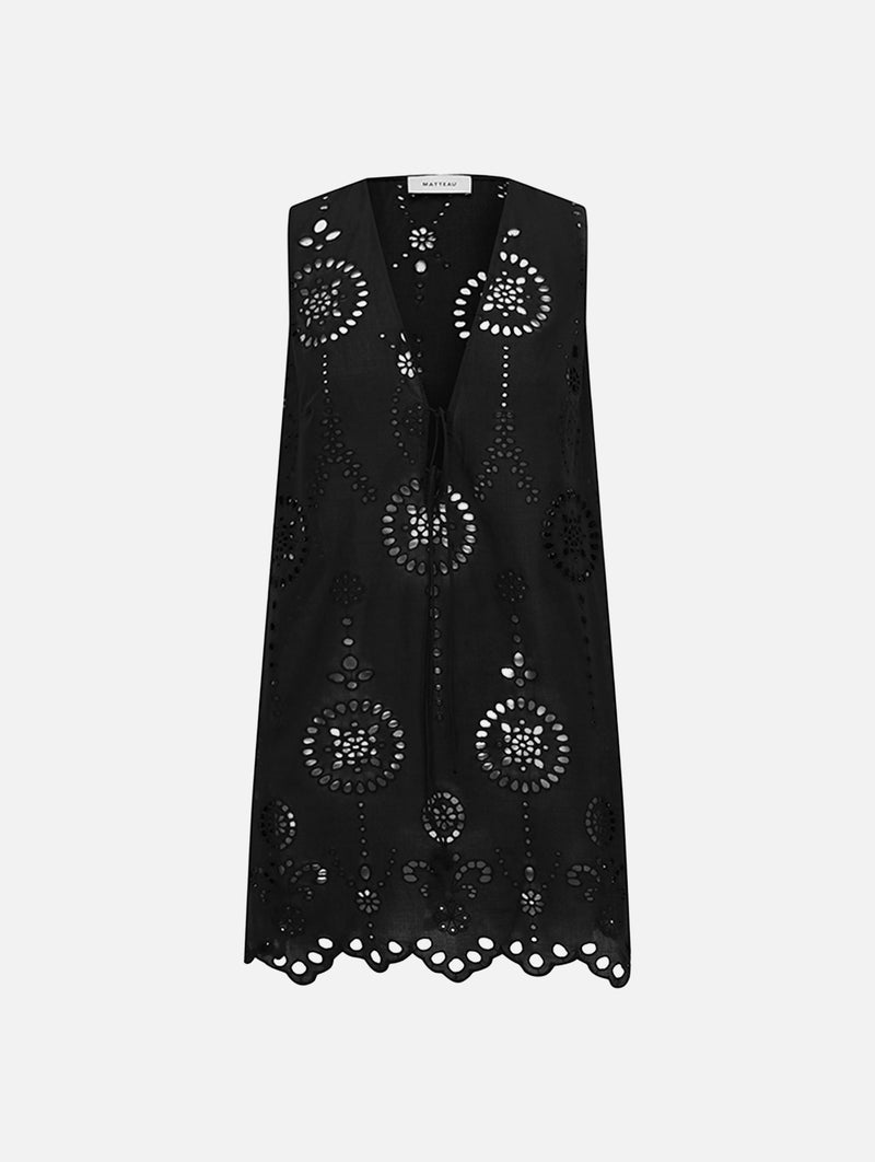 Broderie Tie Mini Dress in Black