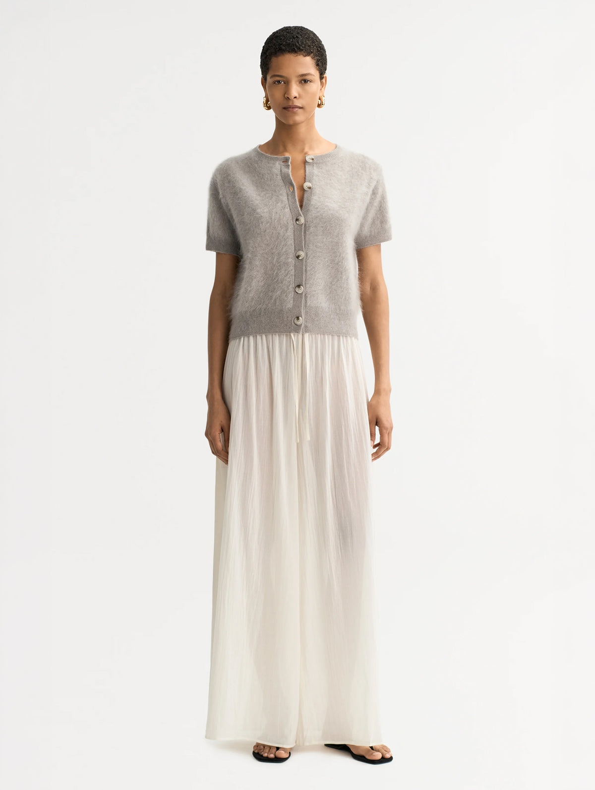 Brushed Cashmere Short Sleeve Cardigan in Greige